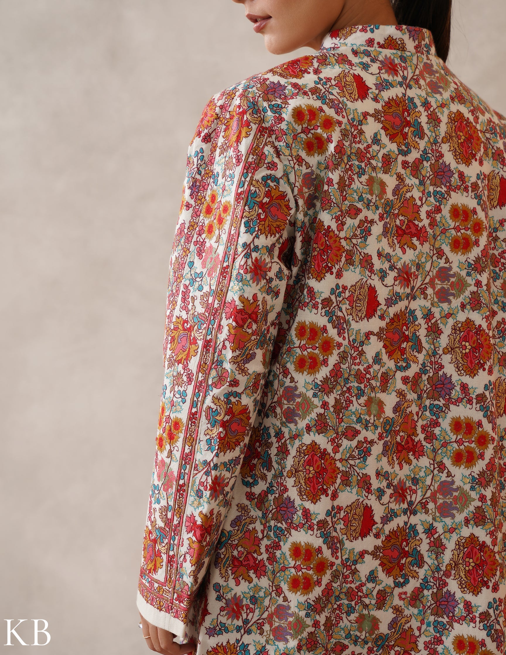 Nayaab Off-White Kashmiri Sozni Fine Wool Long Jacket
