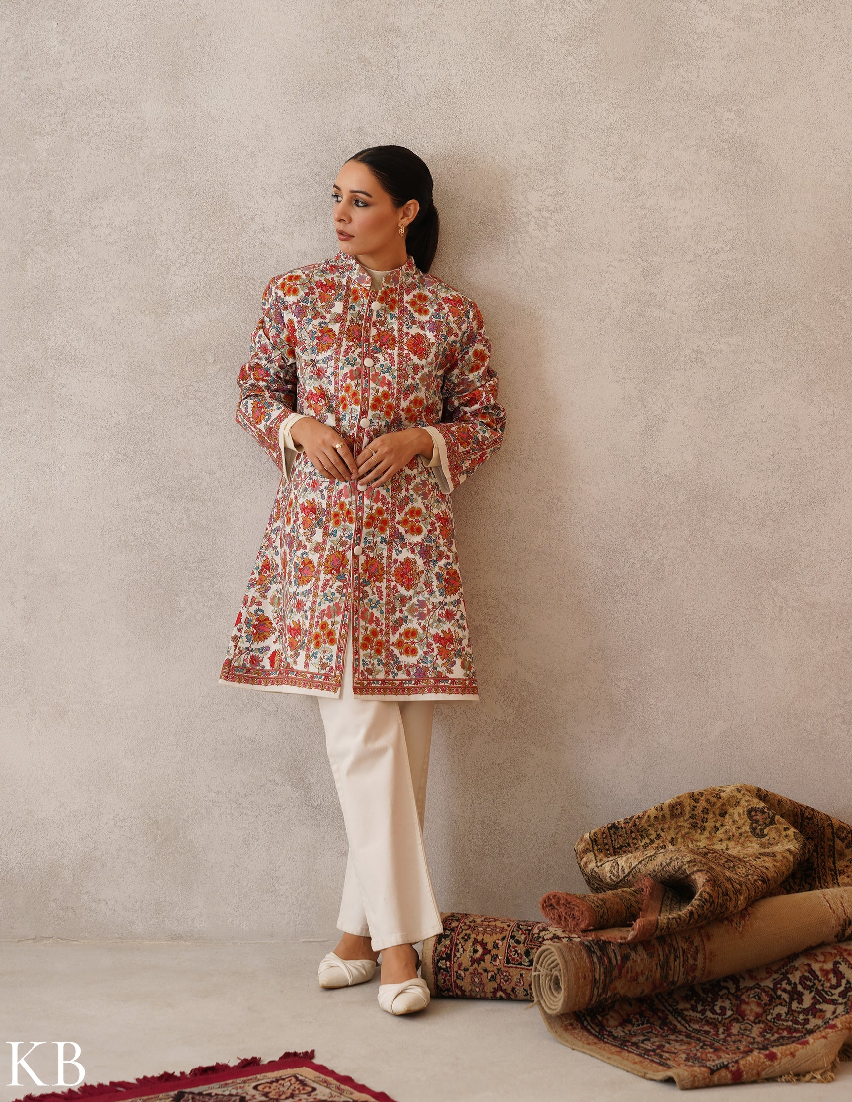 Nayaab Off-White Kashmiri Sozni Fine Wool Long Jacket - Kashmir Box