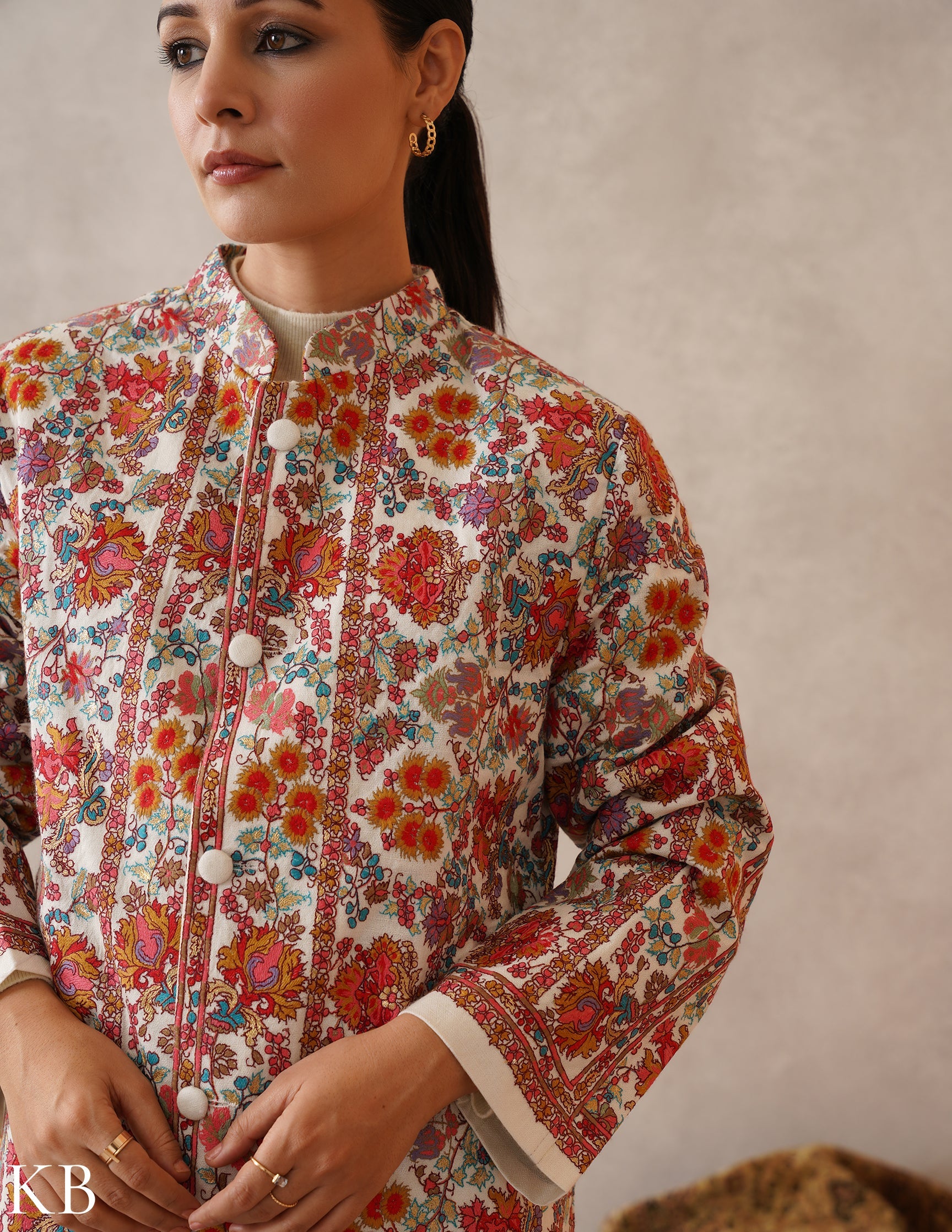 Nayaab Off-White Kashmiri Sozni Fine Wool Long Jacket