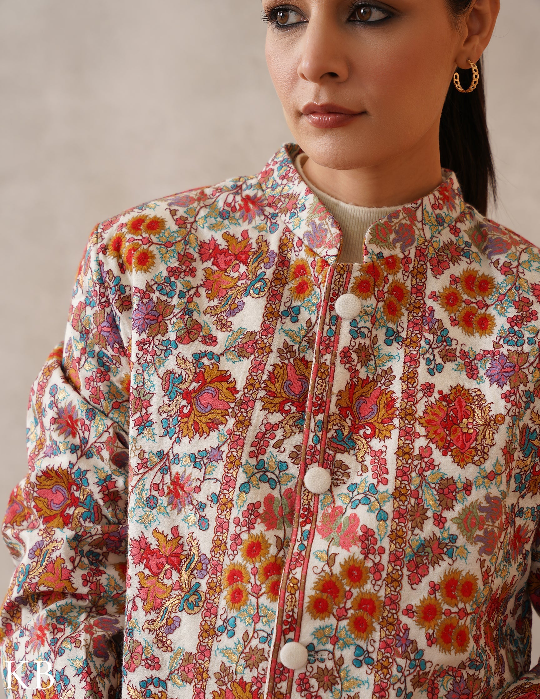 Nayaab Off-White Kashmiri Sozni Fine Wool Long Jacket