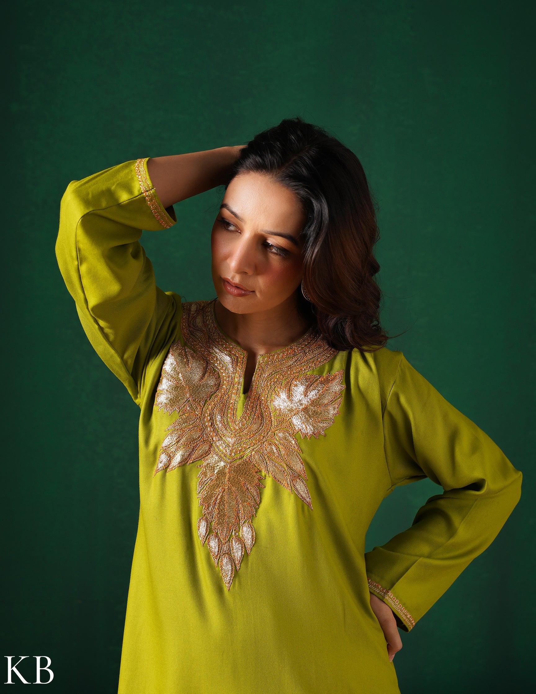 Kashmiri Golden Boti Tilla Embroidered Woollen Coordset – Lime Green | Handcrafted Heritage - Kashmir Box