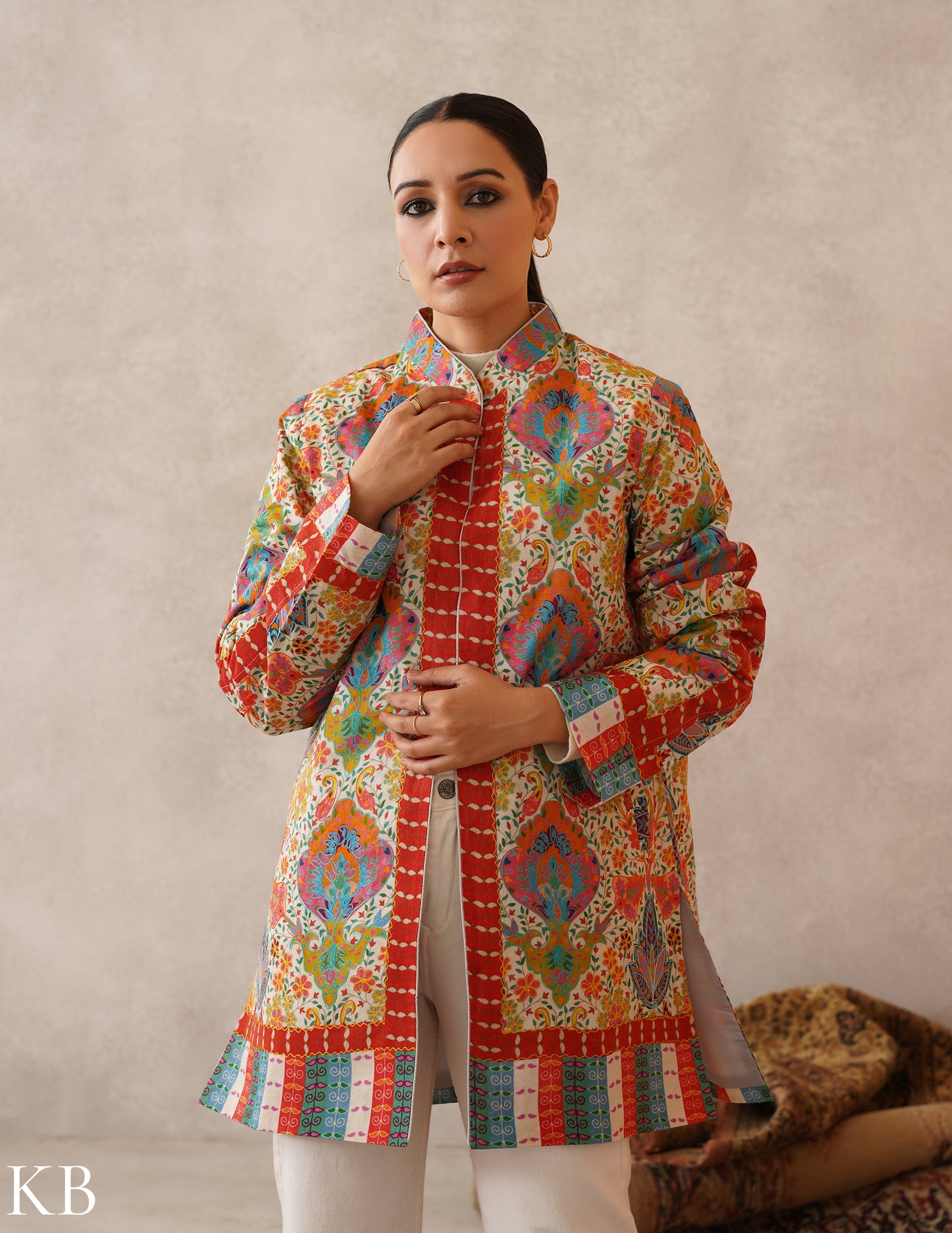 Nayaab Cream Kalamkari Print Sozni Outlined Fine Wool Jacket - Kashmir Box