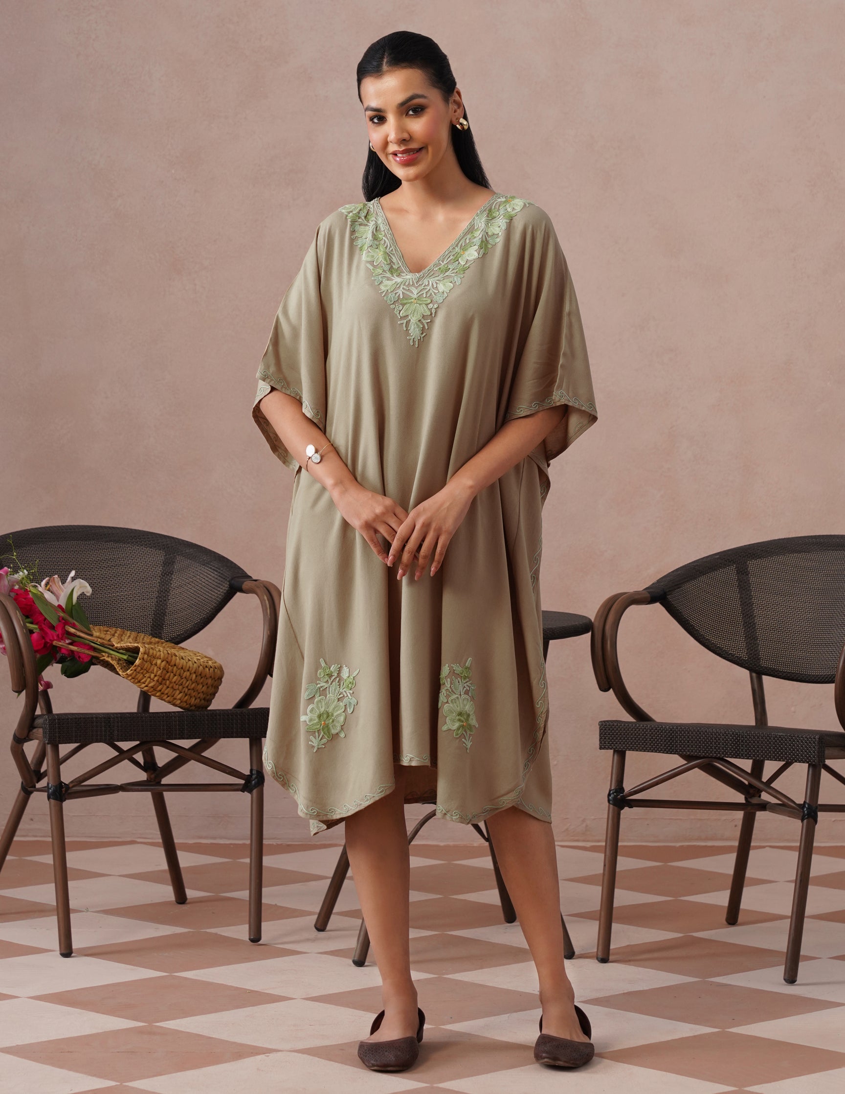 Mouse Grey Rayon Kaftan – Green Embroidery | Single Piece Comfort Ethnic Wear - Kashmir Box