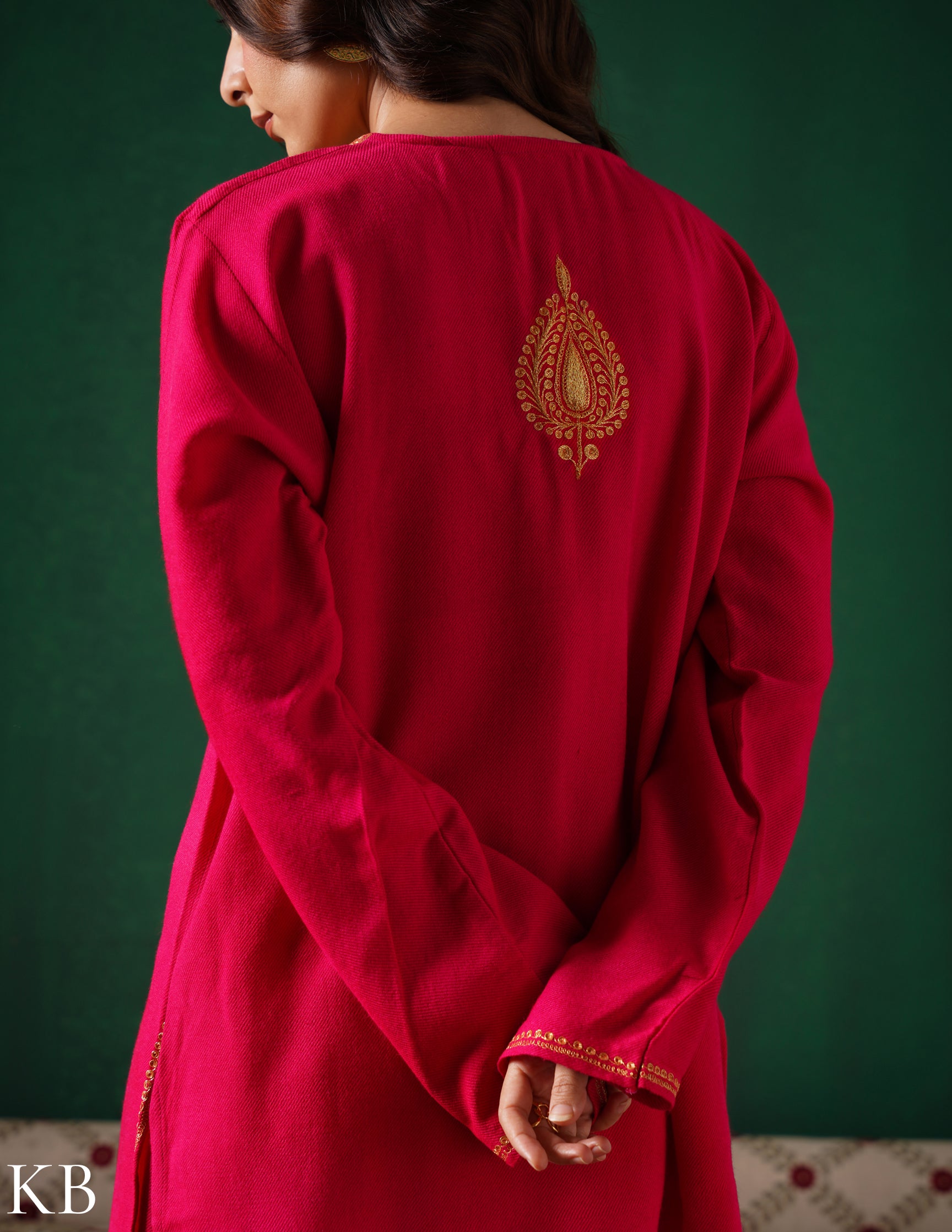 Kashmiri Golden Boti Tilla Embroidered Woollen Coordset – Dark Pink | Handcrafted Heritage