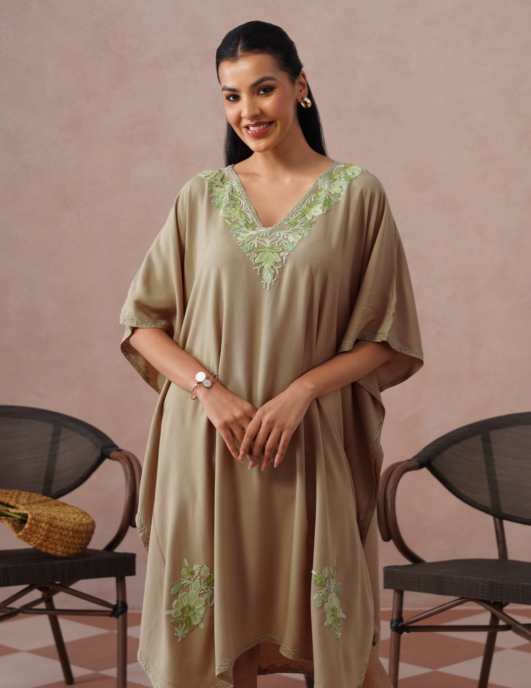 Mouse Grey Rayon Kaftan – Green Embroidery | Single Piece Comfort Ethnic Wear - Kashmir Box