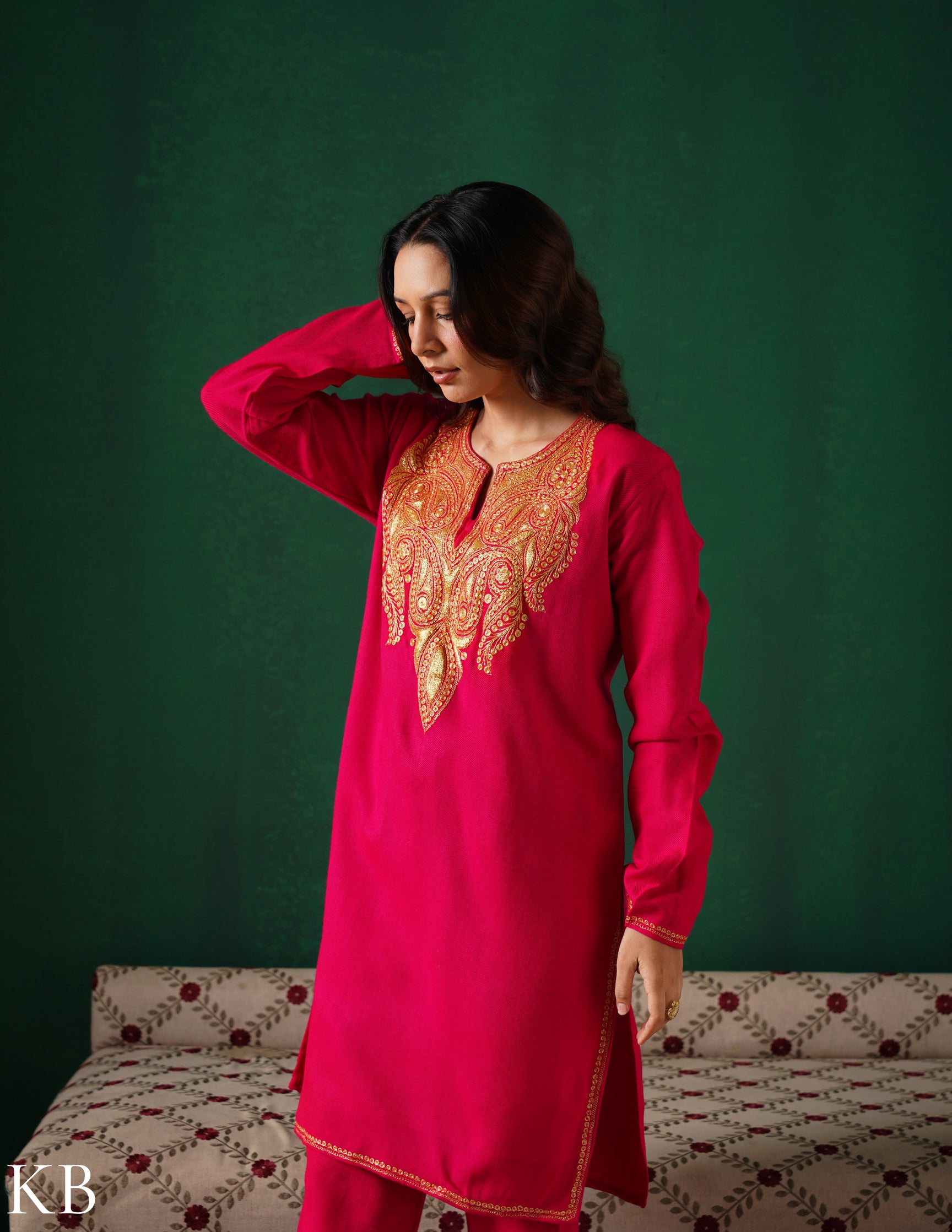 Kashmiri Golden Boti Tilla Embroidered Woollen Coordset – Dark Pink | Handcrafted Heritage