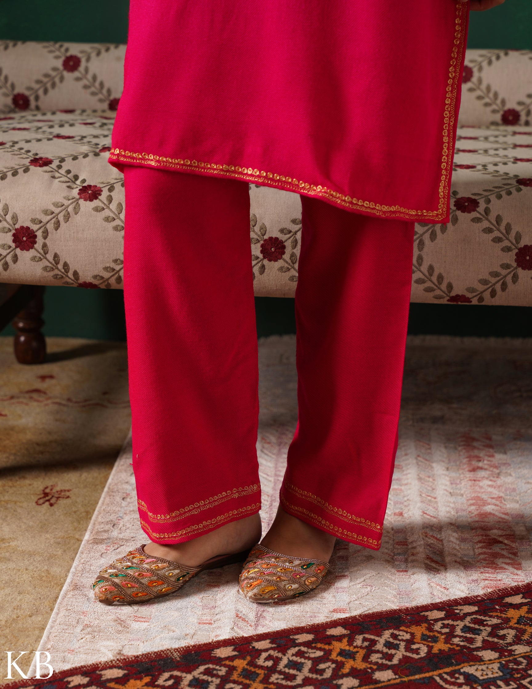 Kashmiri Golden Boti Tilla Embroidered Woollen Coordset – Dark Pink | Handcrafted Heritage