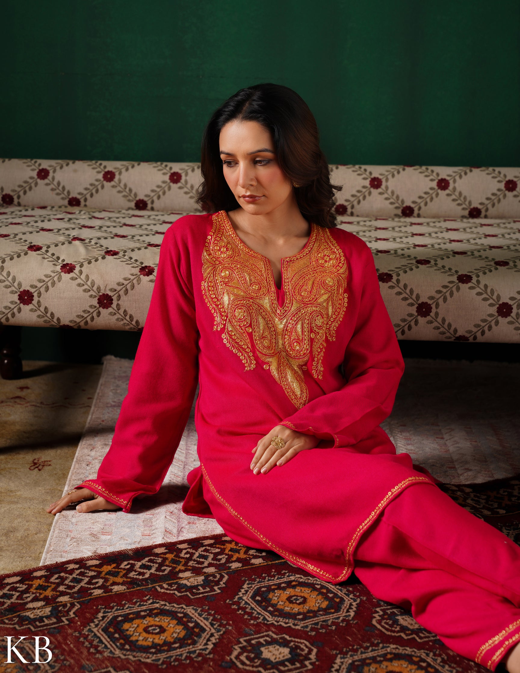 Kashmiri Golden Boti Tilla Embroidered Woollen Coordset – Dark Pink | Handcrafted Heritage