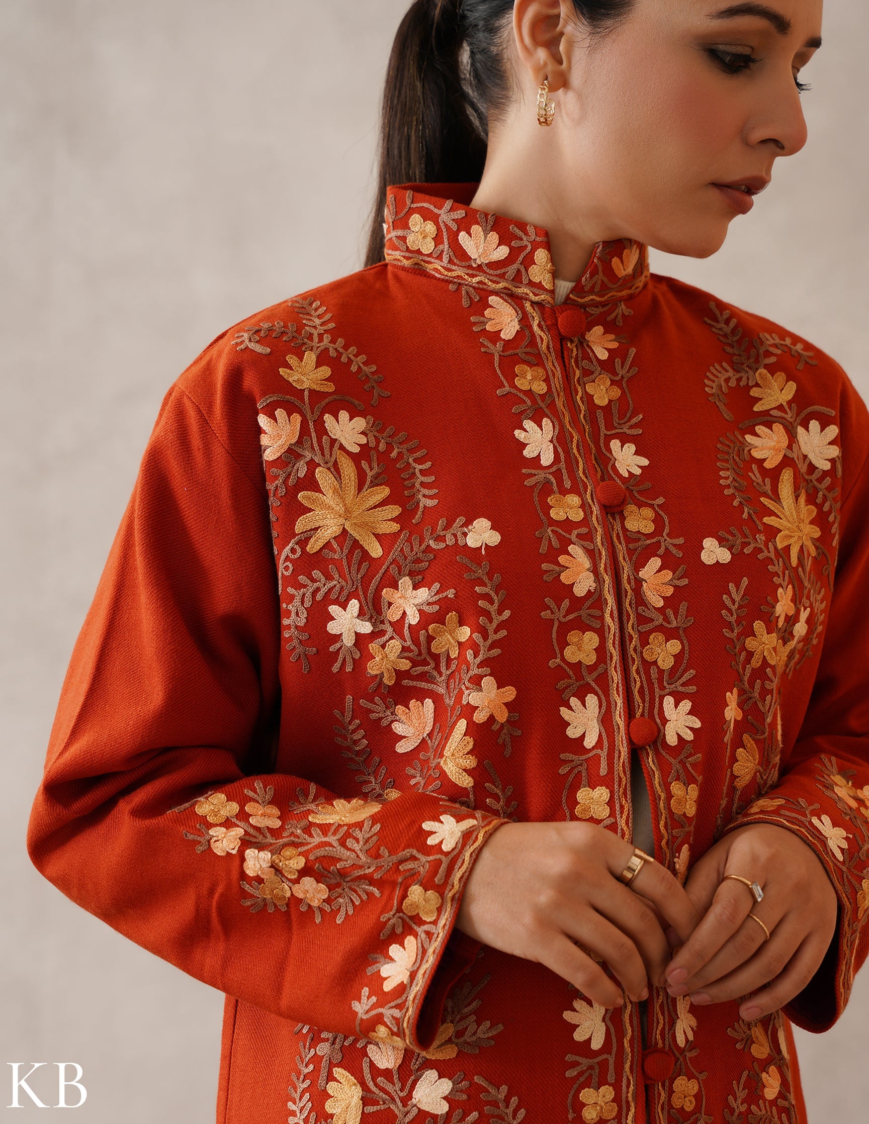 Nayaab Rust Orange Kashmiri Aari Cashmilon Jacket - Kashmir Box