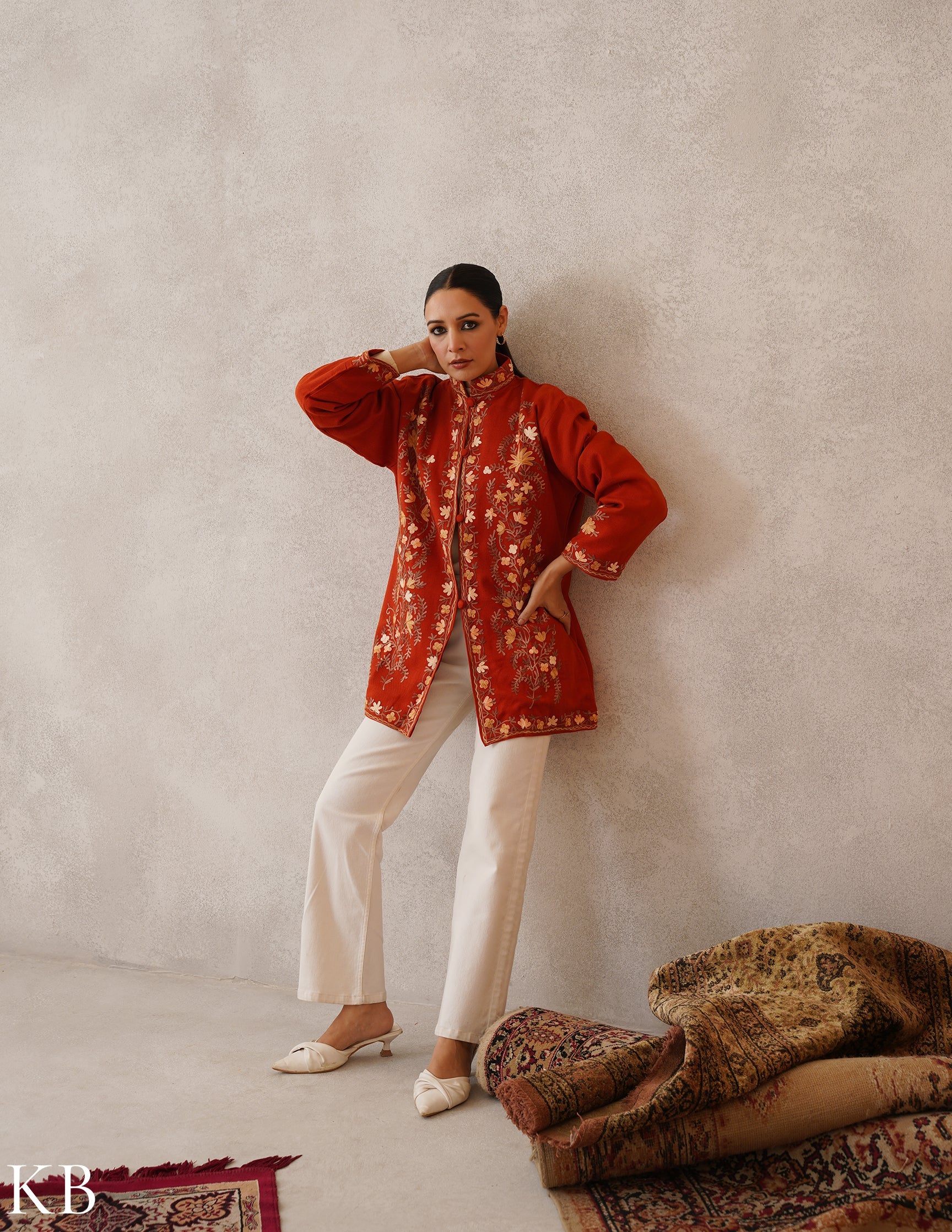 Nayaab Rust Orange Kashmiri Aari Cashmilon Jacket - Kashmir Box