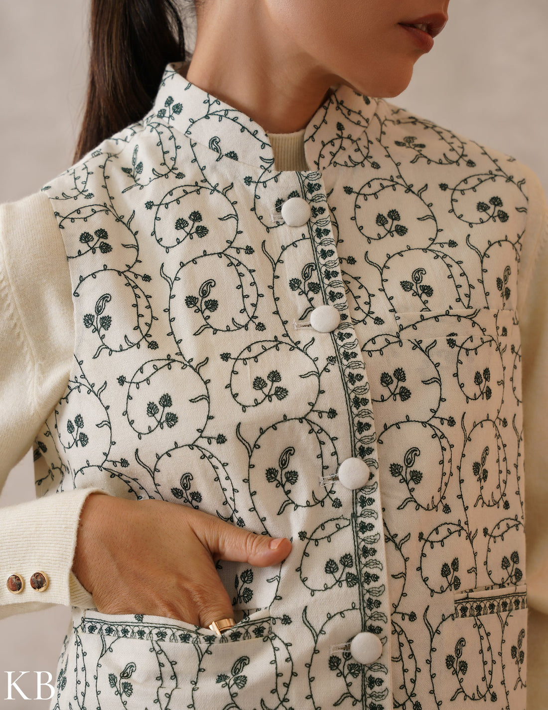 Nayaab Off-White Kashmiri Embroidered Fine Wool Waistcoat
