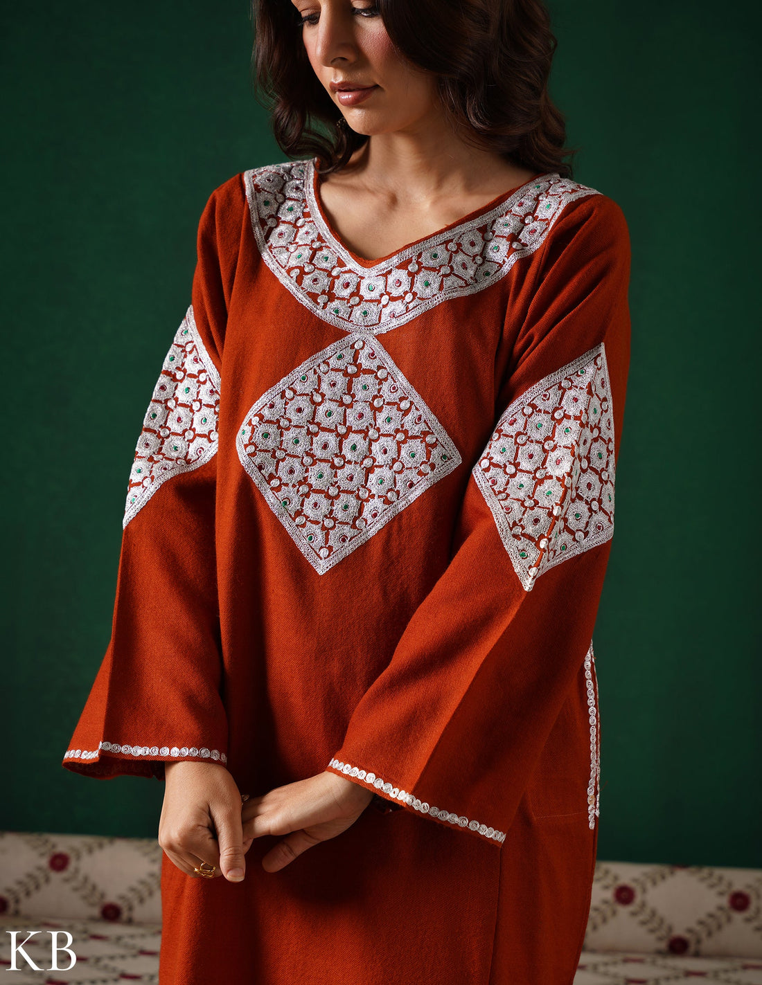 Kashmiri Silver Boti Tilla Embroidered Woollen Phiran – Rust Orange | Handcrafted Heritage