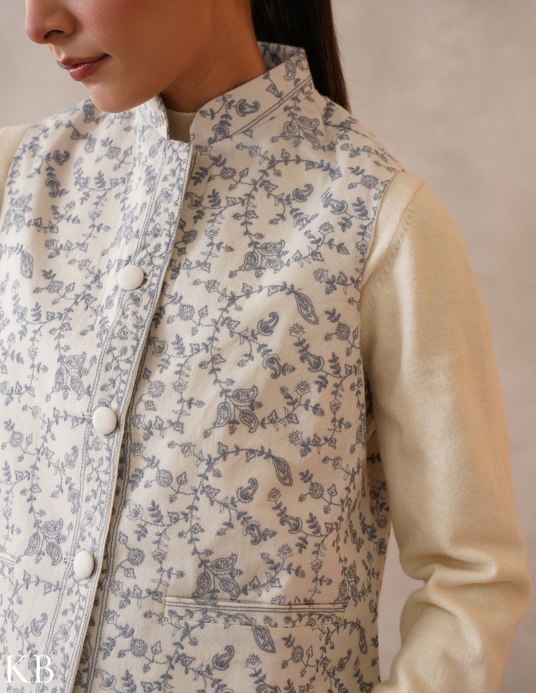 Nayaab Off-White Kashmiri Embroidered Fine Wool Waistcoat