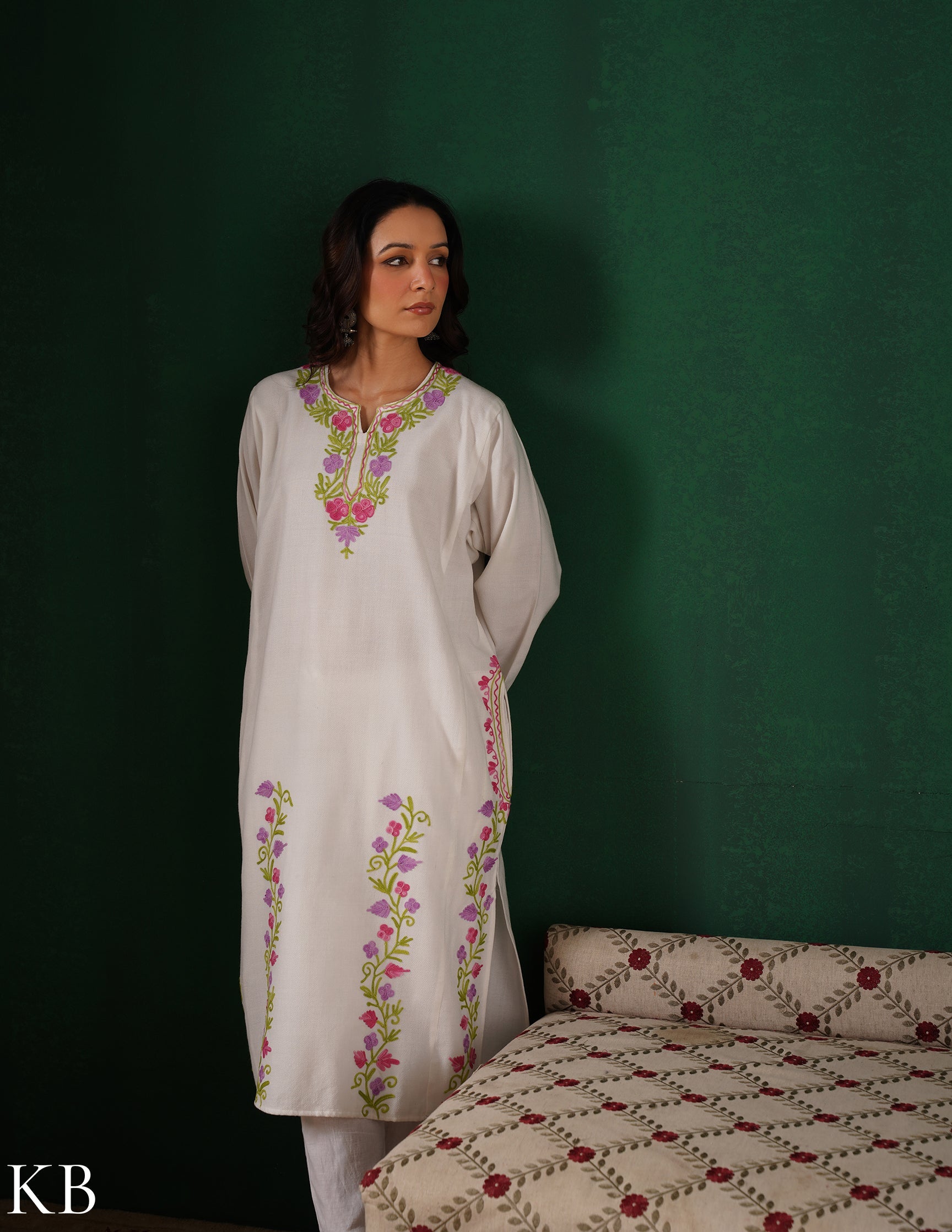 Kashmiri Pink, Green & Purple Aari Embroidered Woollen Phiran – White | Timeless Winter Wear - Kashmir Box