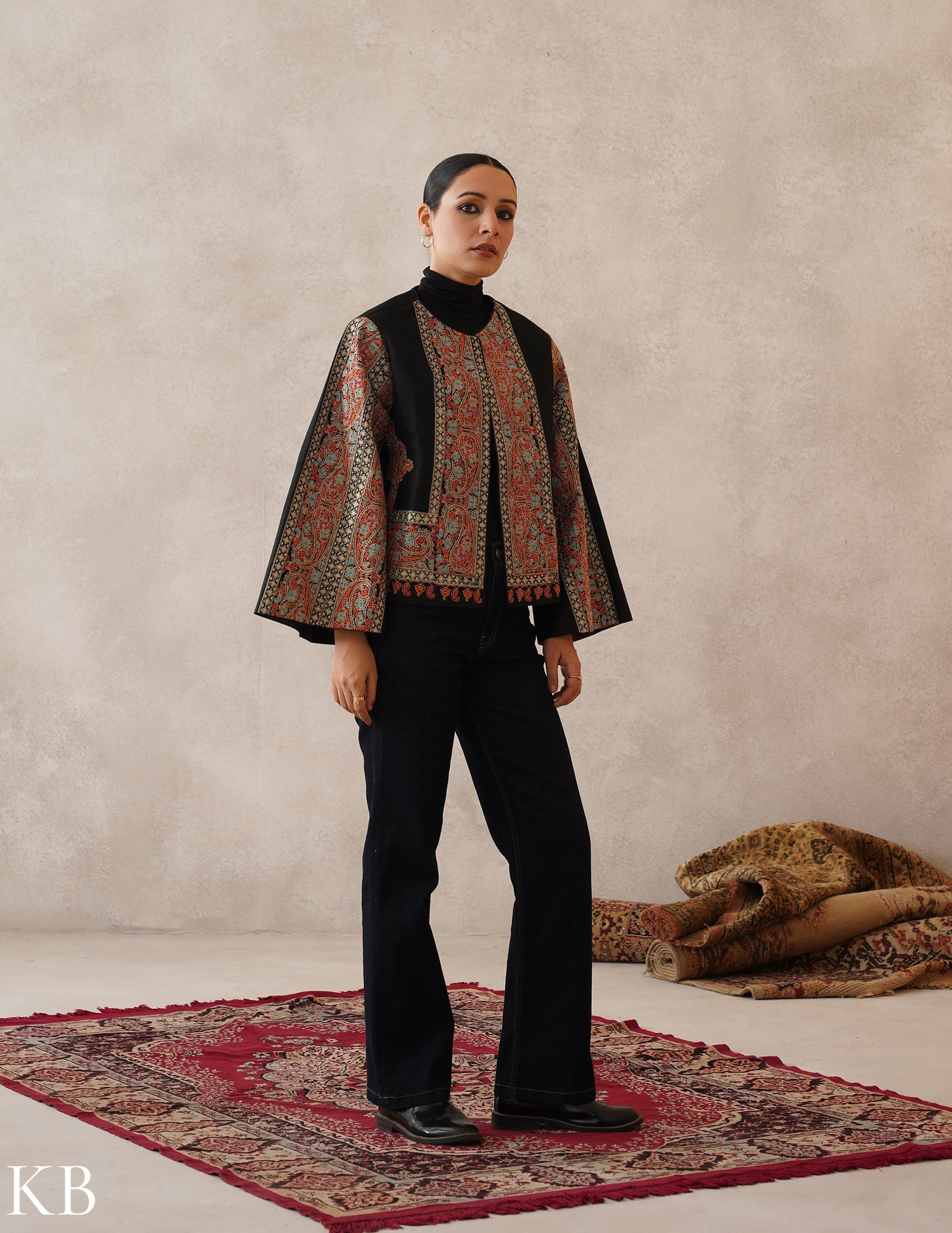 Nayaab Jet Black Kashmiri Sozni Zari Wool Cape Jacket - Kashmir Box