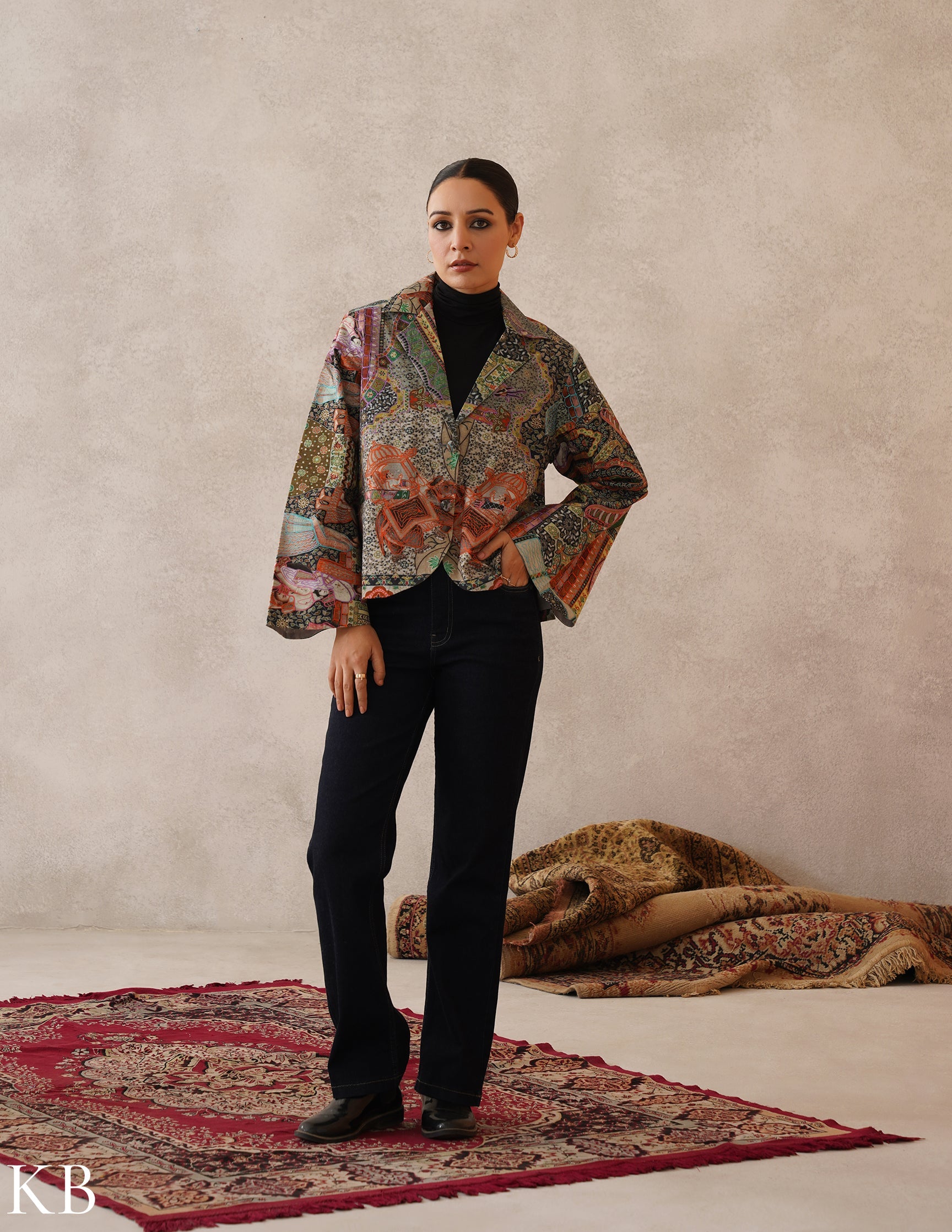 Nayaab Multicolour Kalamkari Print Sozni Outlined Fine Wool Blazer - Kashmir Box