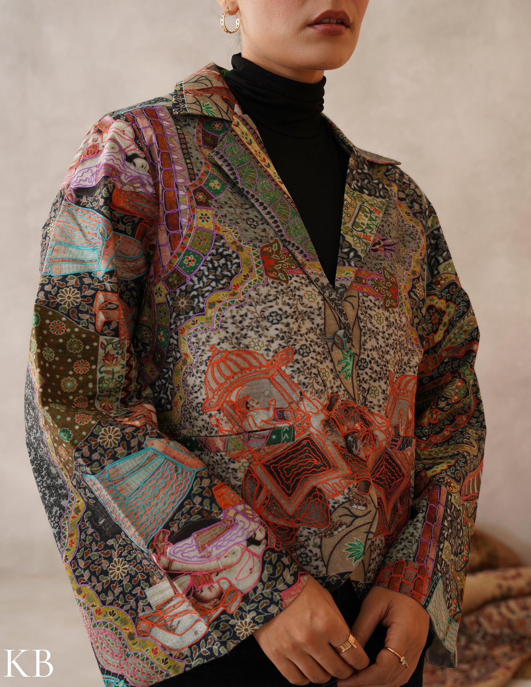 Nayaab Multicolour Kalamkari Print Sozni Outlined Fine Wool Blazer - Kashmir Box