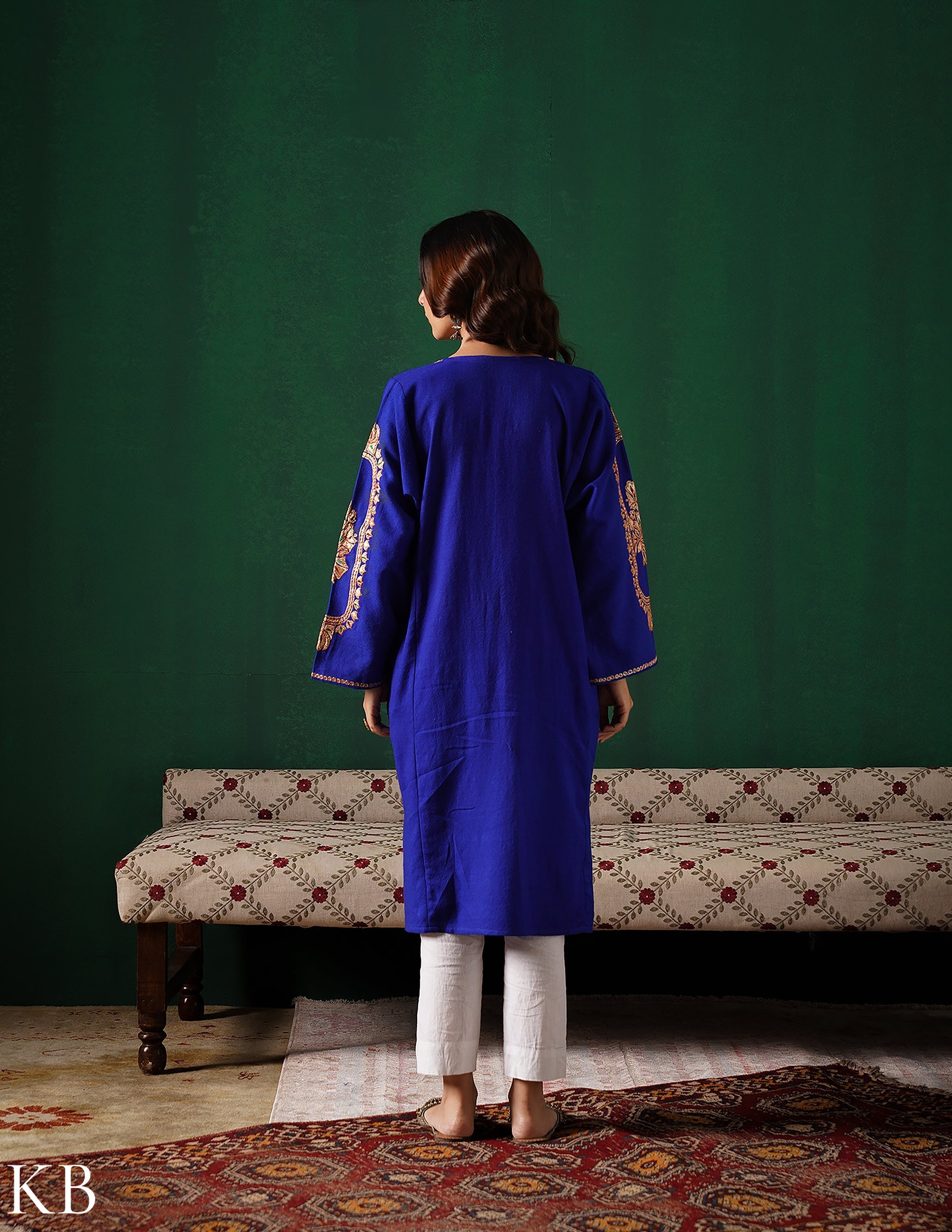 Kashmiri Golden Boti Tilla Embroidered Woollen Phiran – Royal Blue | Handcrafted Heritage
