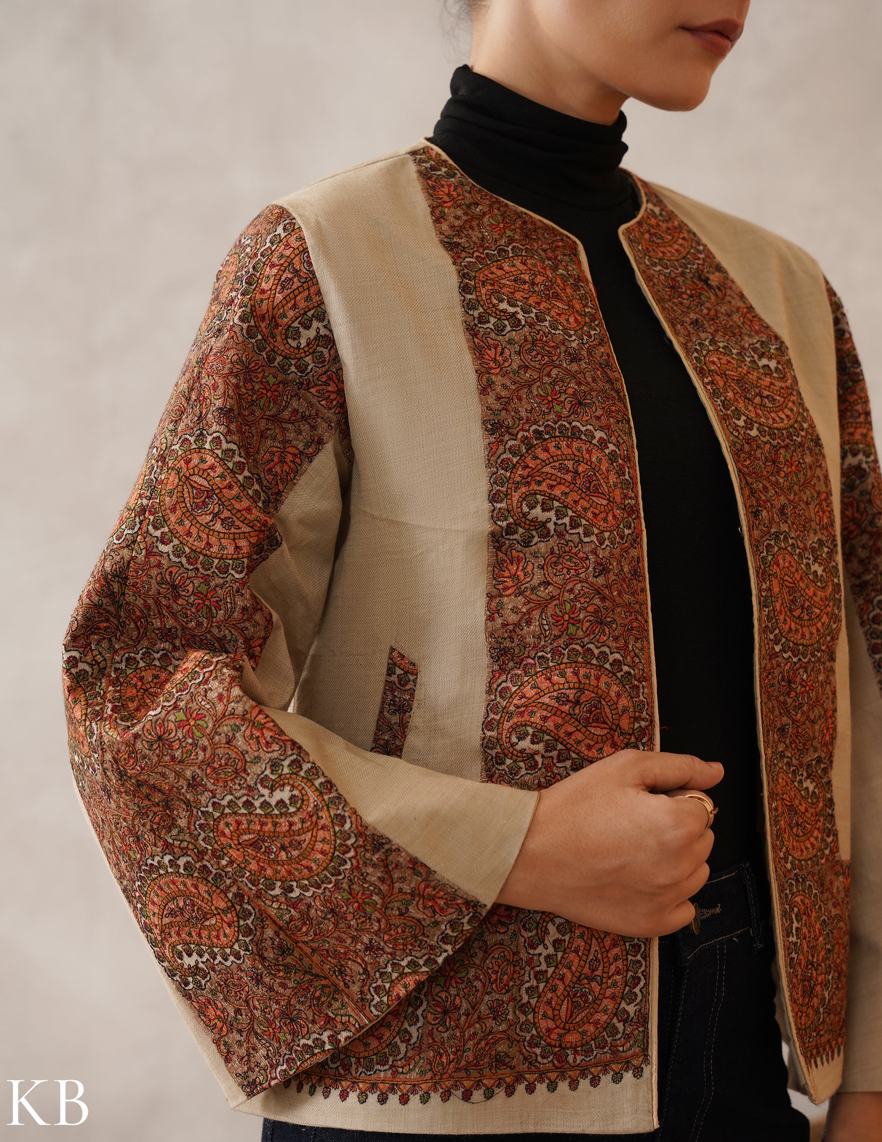 Nayaab Light Fawn Kashmiri Sozni Wool Cape Jacket - Kashmir Box