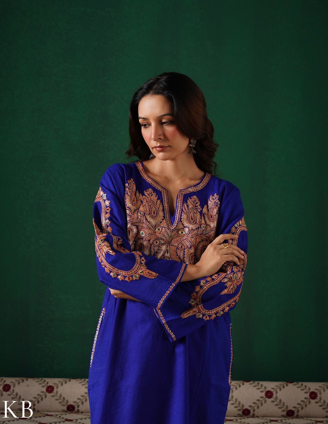 Kashmiri Golden Boti Tilla Embroidered Woollen Phiran – Royal Blue | Handcrafted Heritage