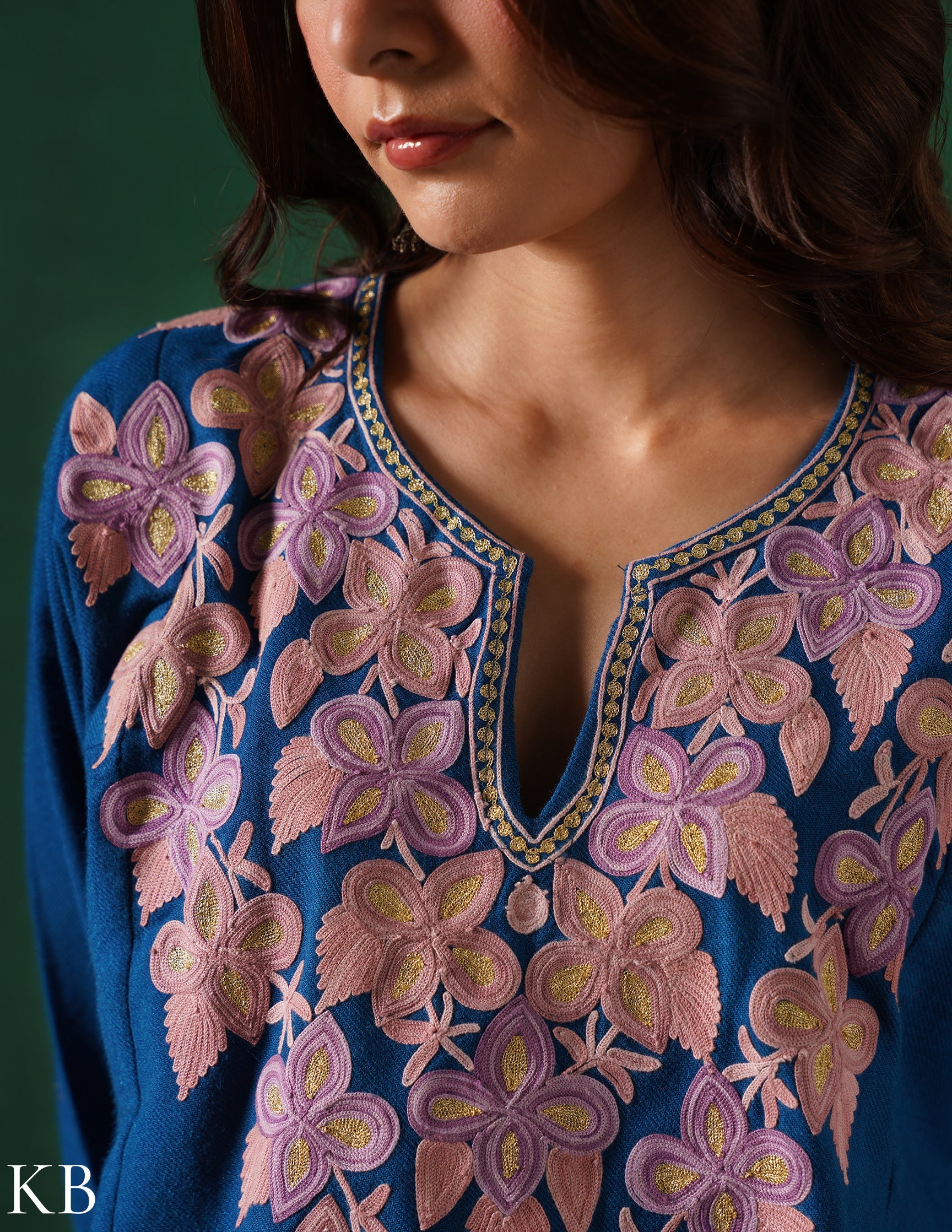 Kashmiri Aari & Zari Embroidered Woollen Phiran – Teal Blue | Handcrafted Heritage