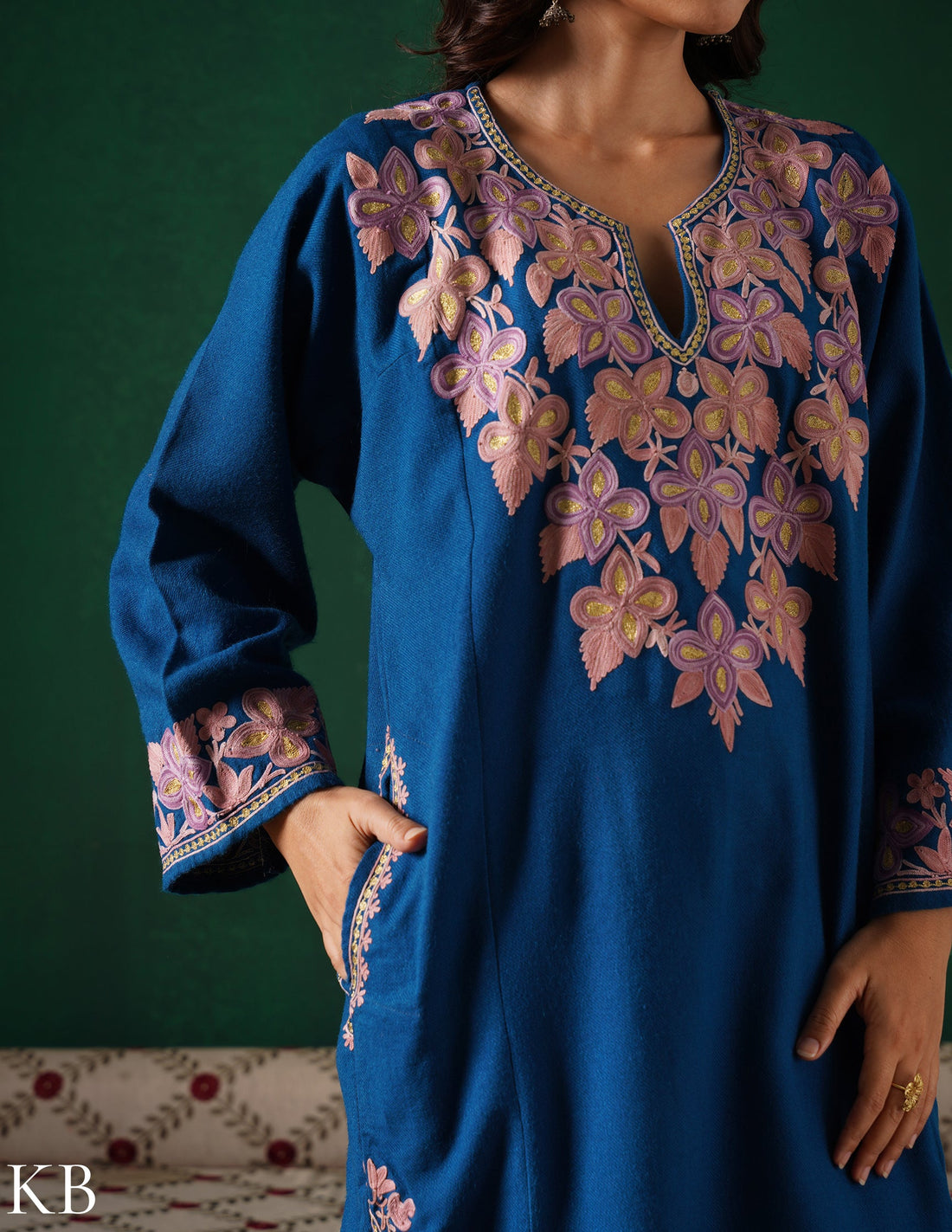 Kashmiri Aari & Zari Embroidered Woollen Phiran – Teal Blue | Handcrafted Heritage