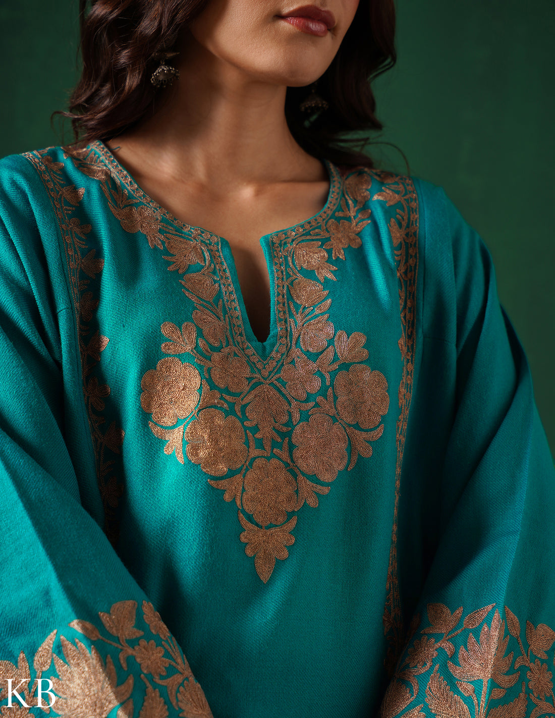 Kashmiri Dark Brown Zari Embroidered Woollen Phiran – Teal Green | Handcrafted Heritage