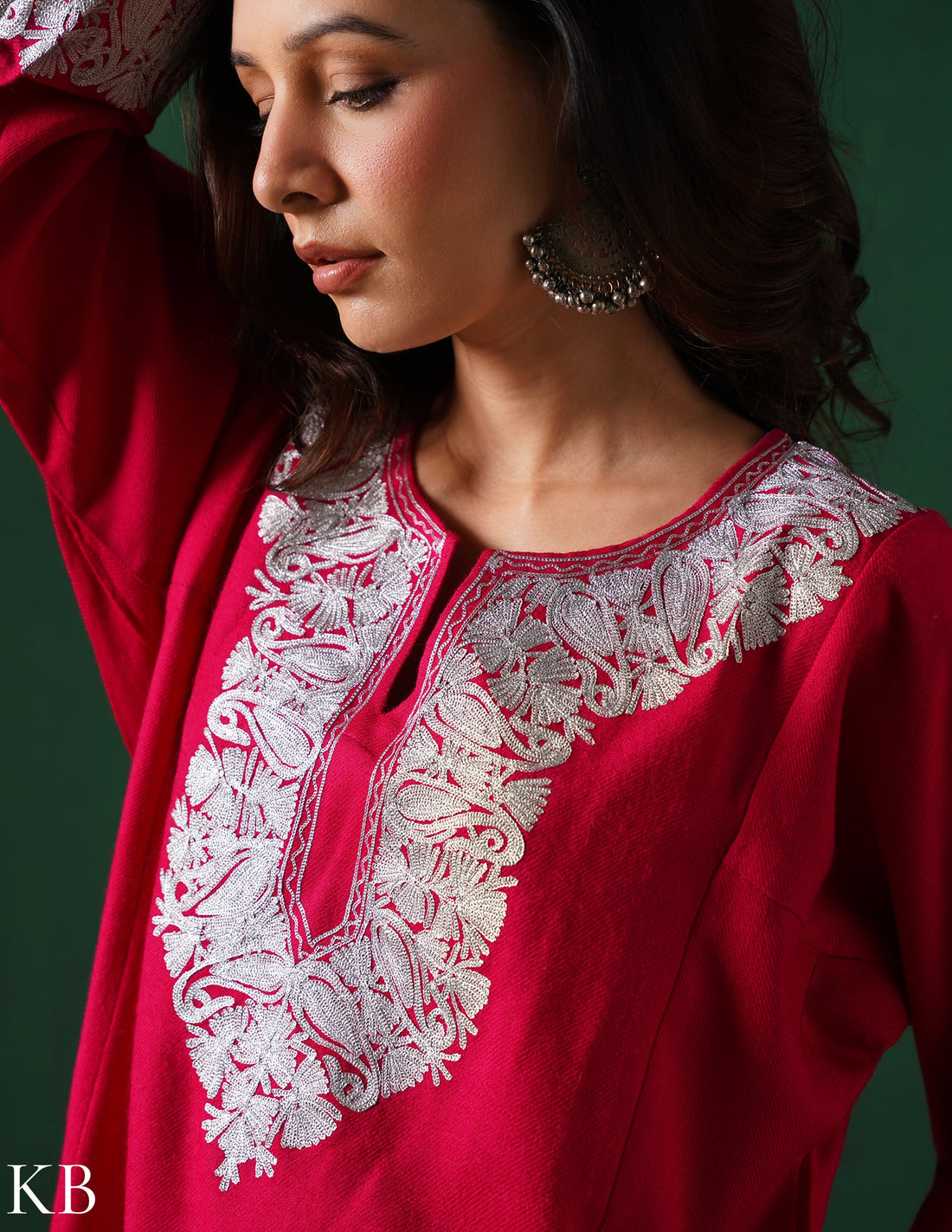 Kashmiri Silver Zari Embroidered Woollen Phiran – Pink | Handcrafted Heritage