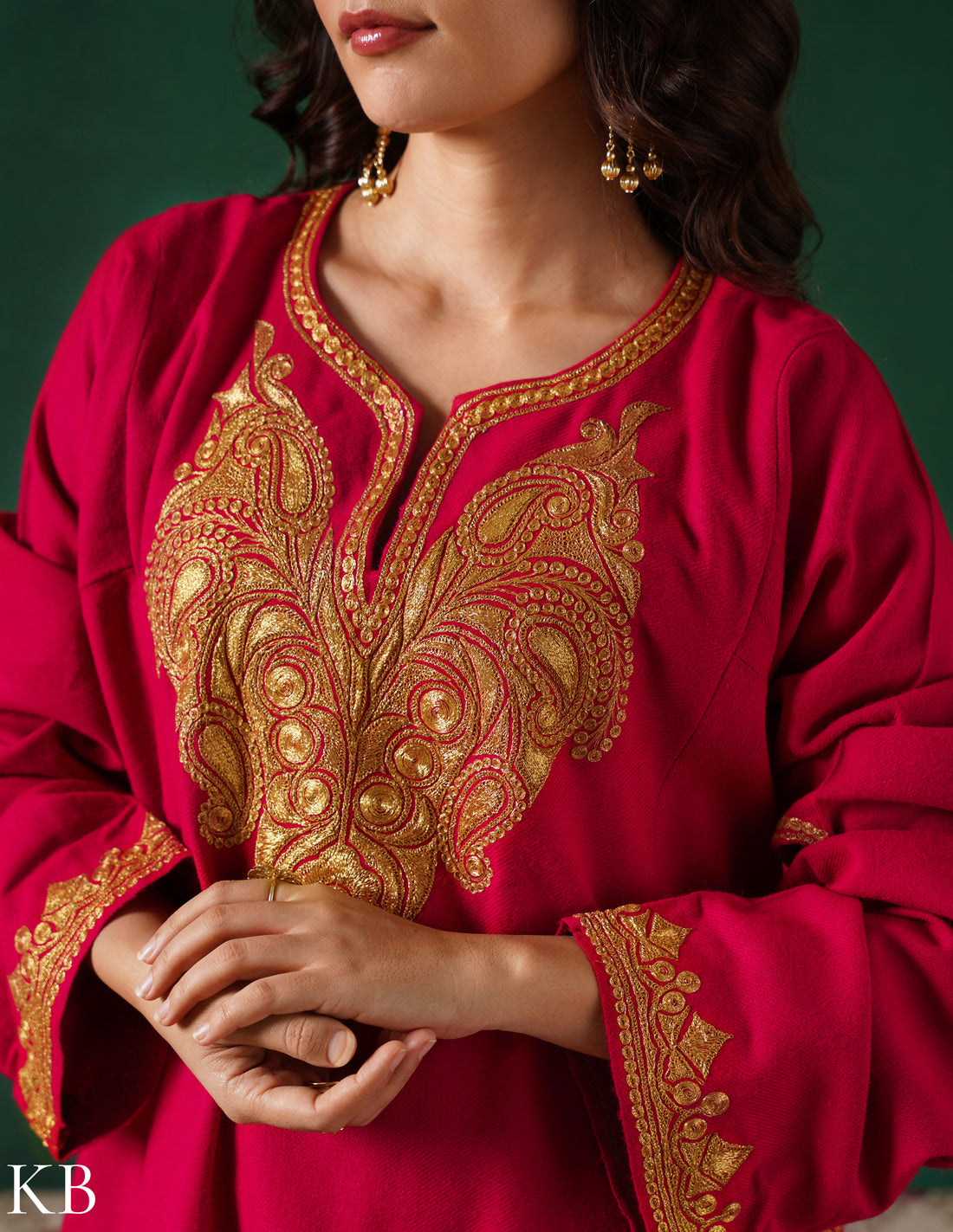 Kashmiri Golden Boti Tilla Embroidered Woollen Phiran – Magenta Pink | Handcrafted Heritage