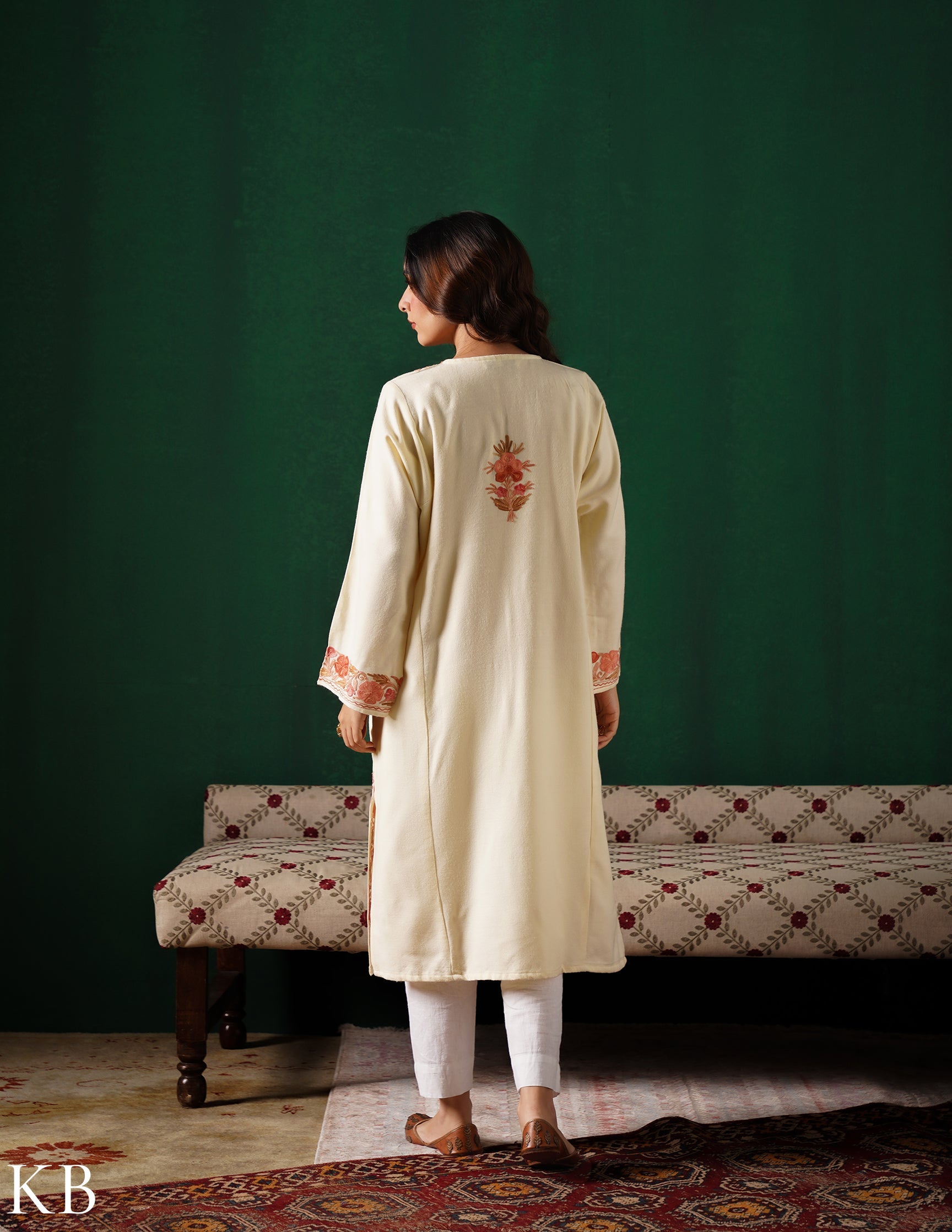 Kashmiri Pink & Golden Aari Embroidered Woollen Phiran – Eggshell White | Timeless Winter Wear - Kashmir Box
