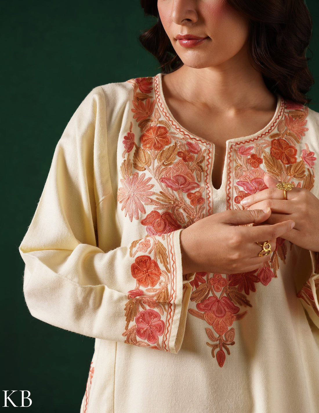 Kashmiri Pink & Golden Aari Embroidered Woollen Phiran – Eggshell White | Timeless Winter Wear - Kashmir Box