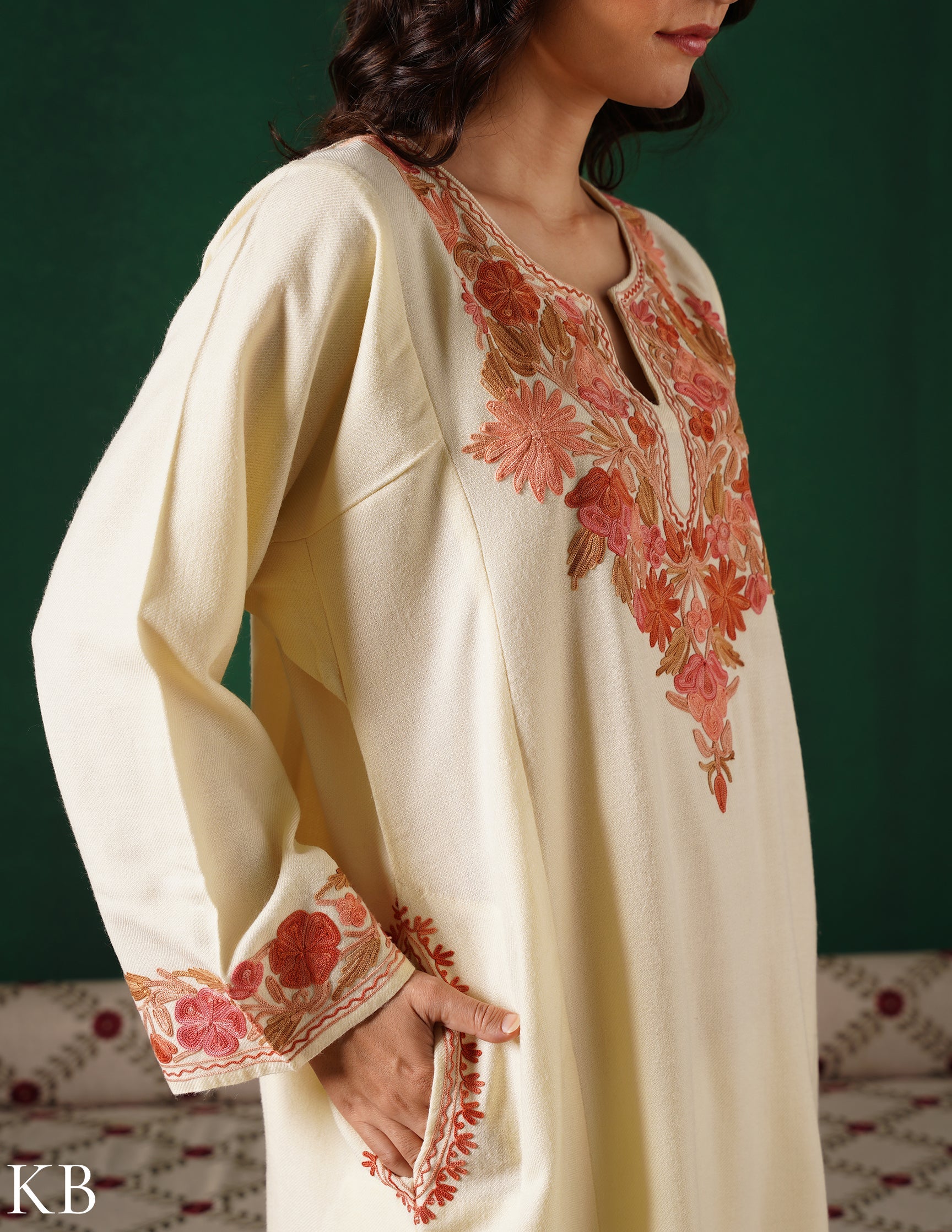 Kashmiri Pink & Golden Aari Embroidered Woollen Phiran – Eggshell White | Timeless Winter Wear - Kashmir Box