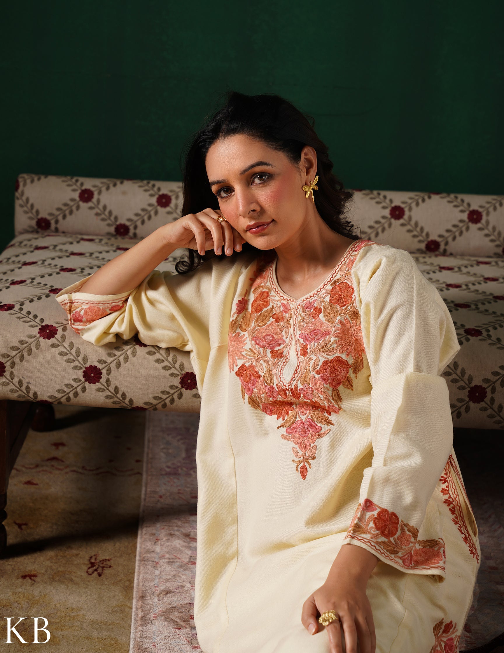 Kashmiri Pink & Golden Aari Embroidered Woollen Phiran – Eggshell White | Timeless Winter Wear - Kashmir Box