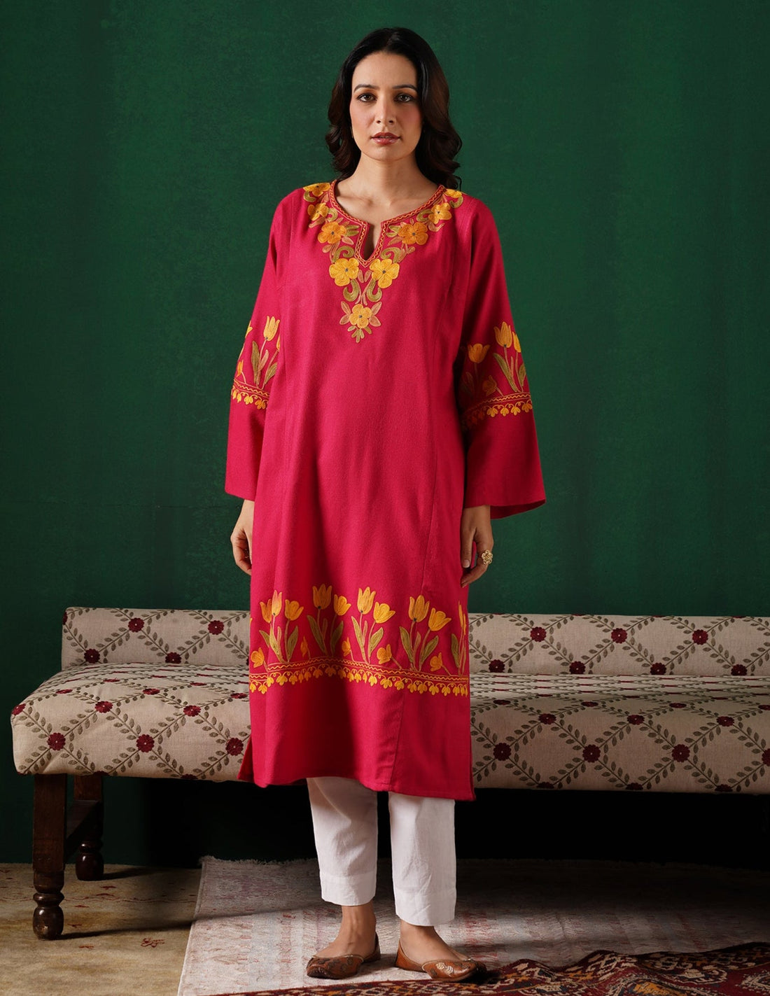 Kashmiri Golden & Green Aari Embroidered Woollen Phiran – Pink | Timeless Winter Wear - Kashmir Box