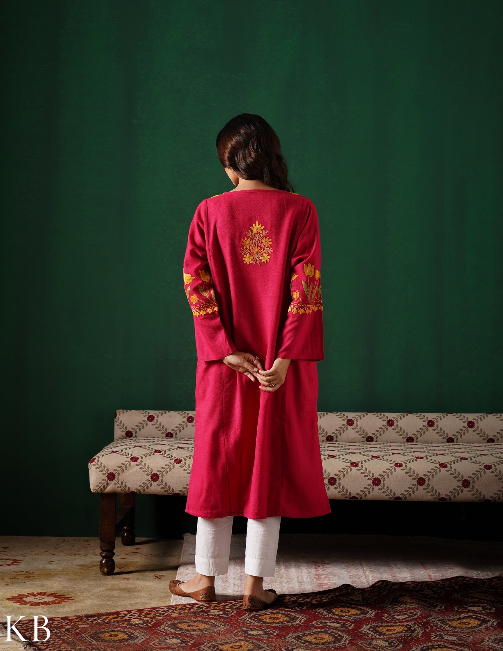 Kashmiri Golden & Green Aari Embroidered Woollen Phiran – Pink | Timeless Winter Wear - Kashmir Box