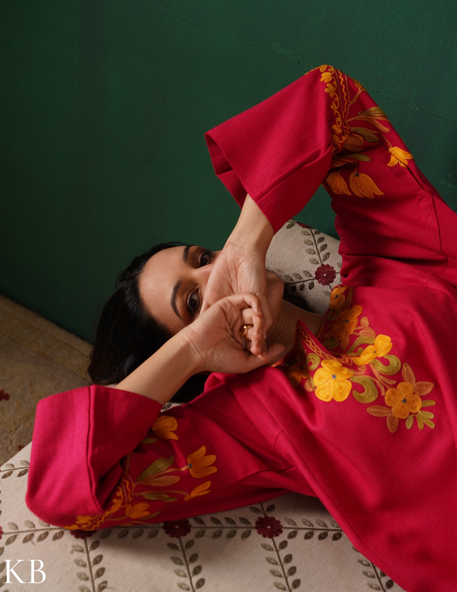 Kashmiri Golden & Green Aari Embroidered Woollen Phiran – Pink | Timeless Winter Wear - Kashmir Box