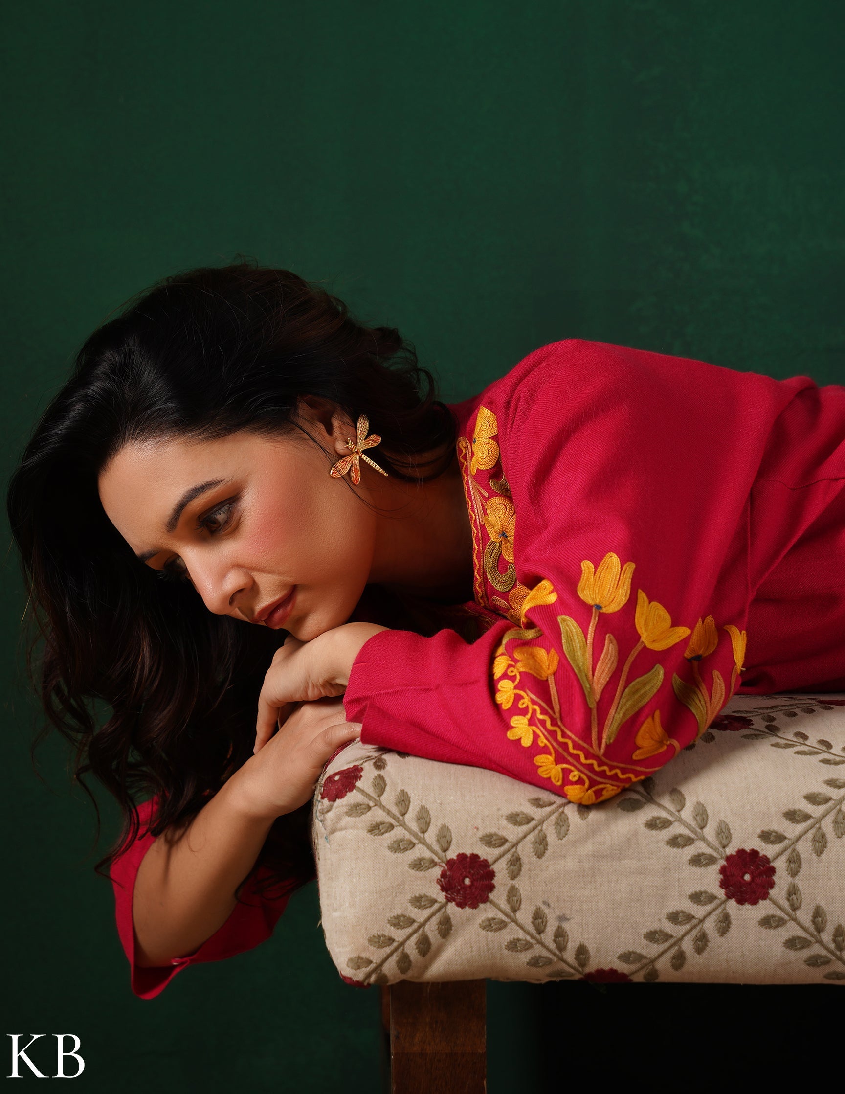 Kashmiri Golden & Green Aari Embroidered Woollen Phiran – Pink | Timeless Winter Wear - Kashmir Box