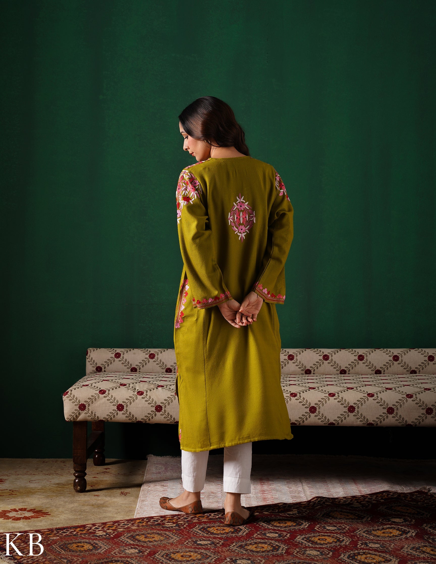 Kashmiri Multi Colour Aari Embroidered Woollen Phiran – Green | Timeless Winter Wear - Kashmir Box