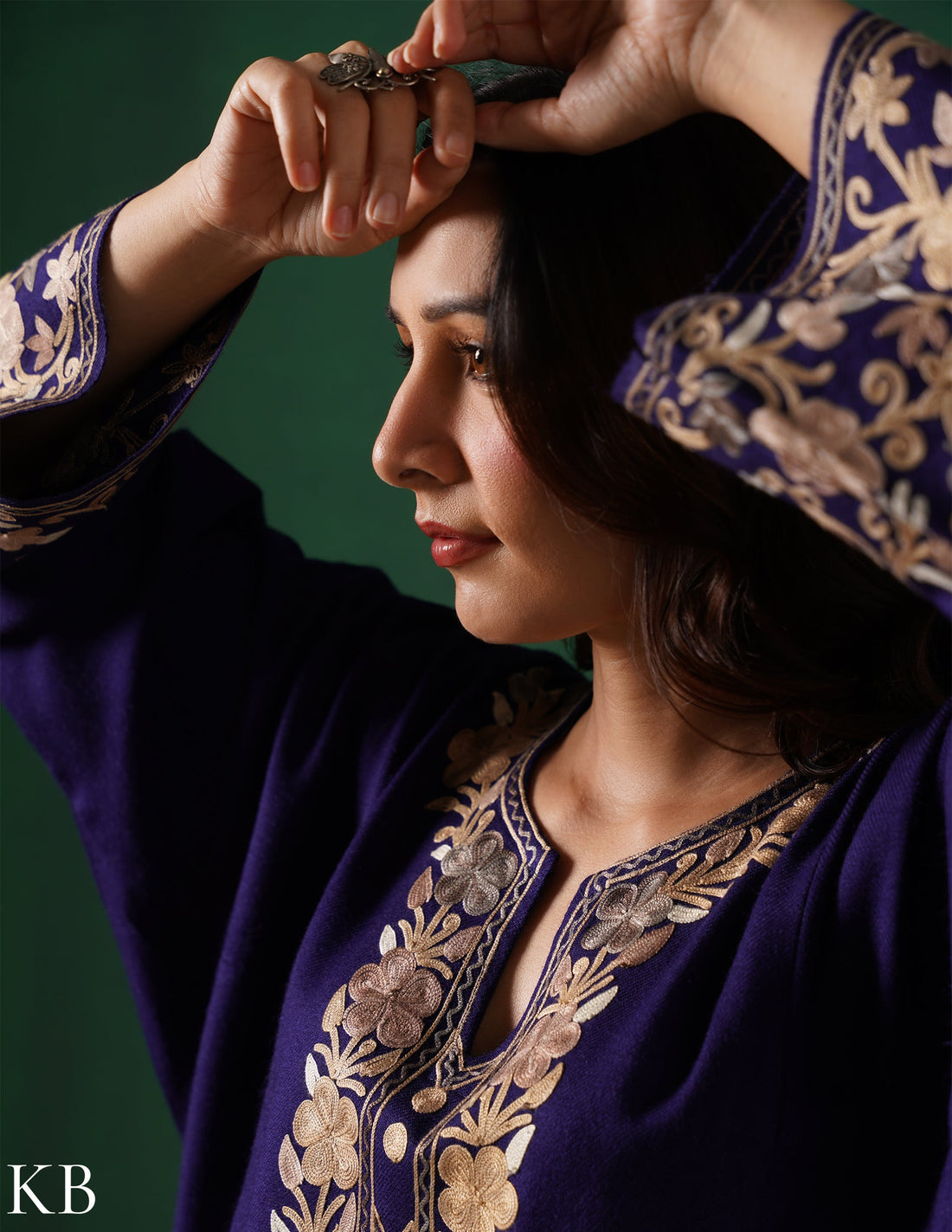 Kashmiri Light Brown Aari Embroidered Woollen Phiran – Blue | Timeless Winter Wear - Kashmir Box