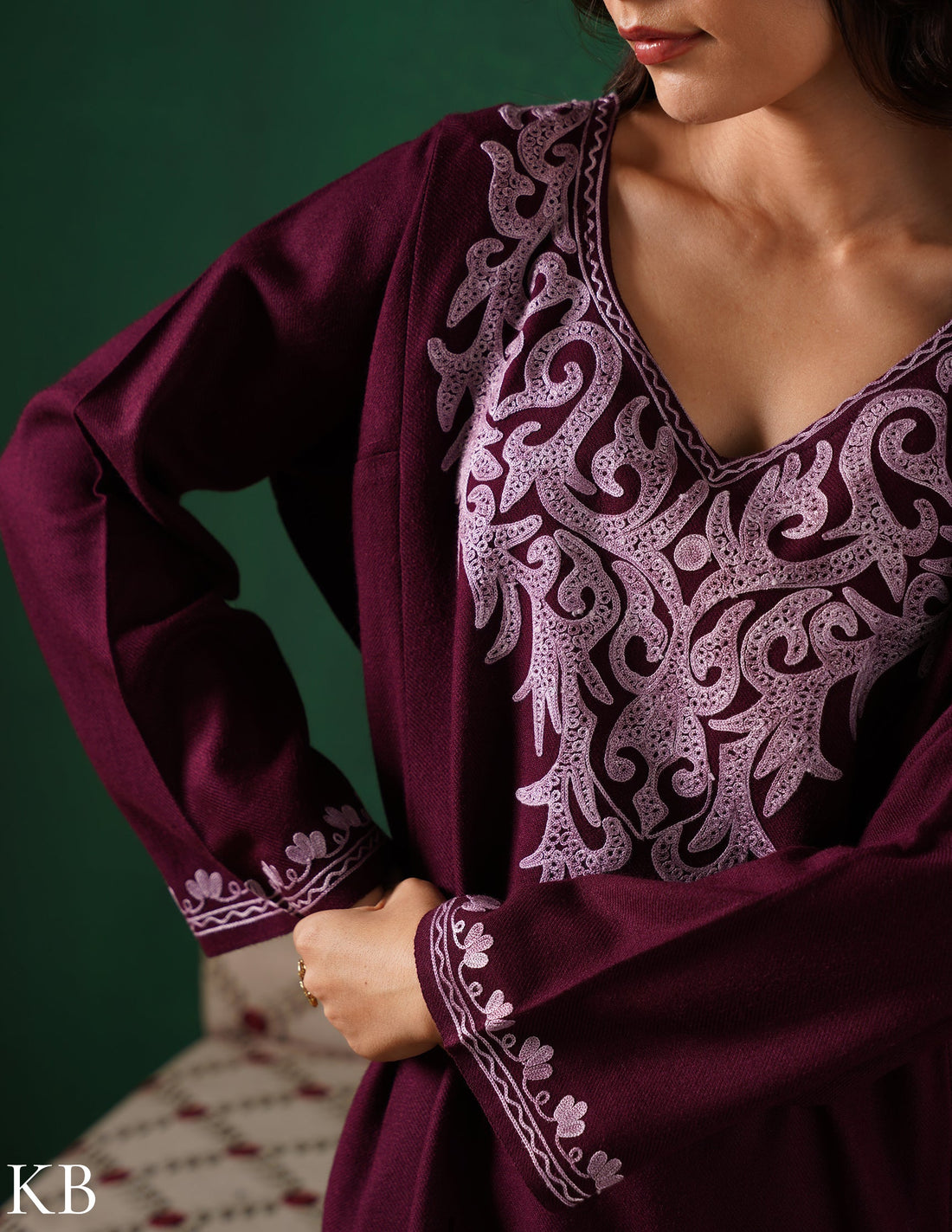 Kashmiri Light Purple Aari Embroidered Woollen Phiran – Wine | Timeless Winter Wear - Kashmir Box
