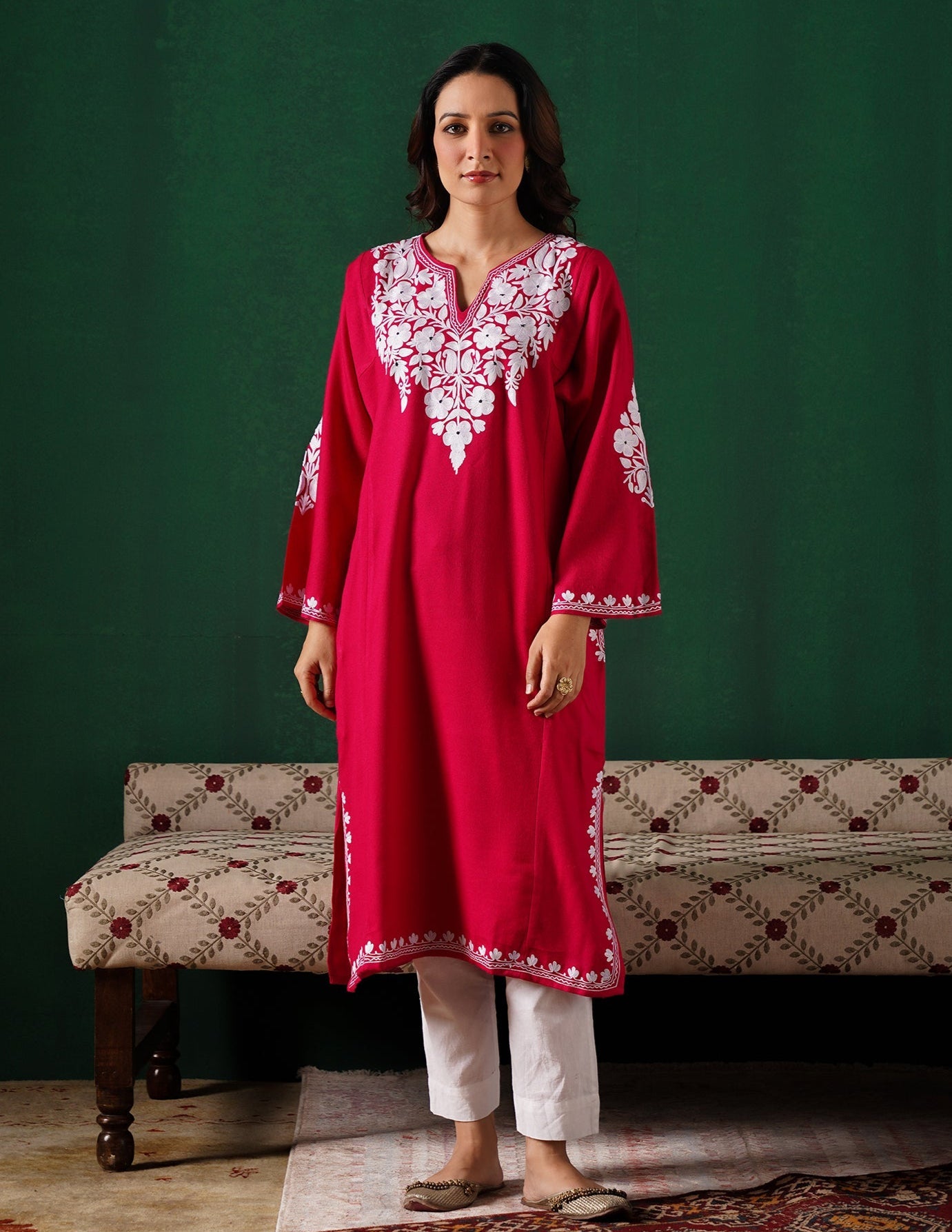 Kashmiri White Aari Embroidered Woollen Phiran – Pink | Timeless Winter Wear - Kashmir Box