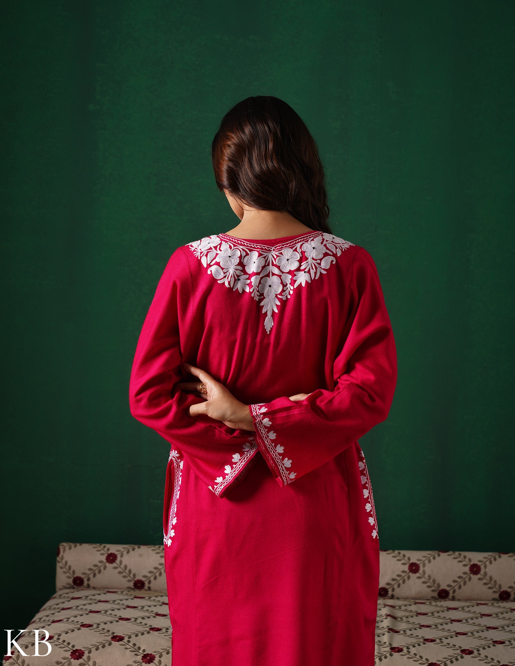 Kashmiri White Aari Embroidered Woollen Phiran – Pink | Timeless Winter Wear - Kashmir Box