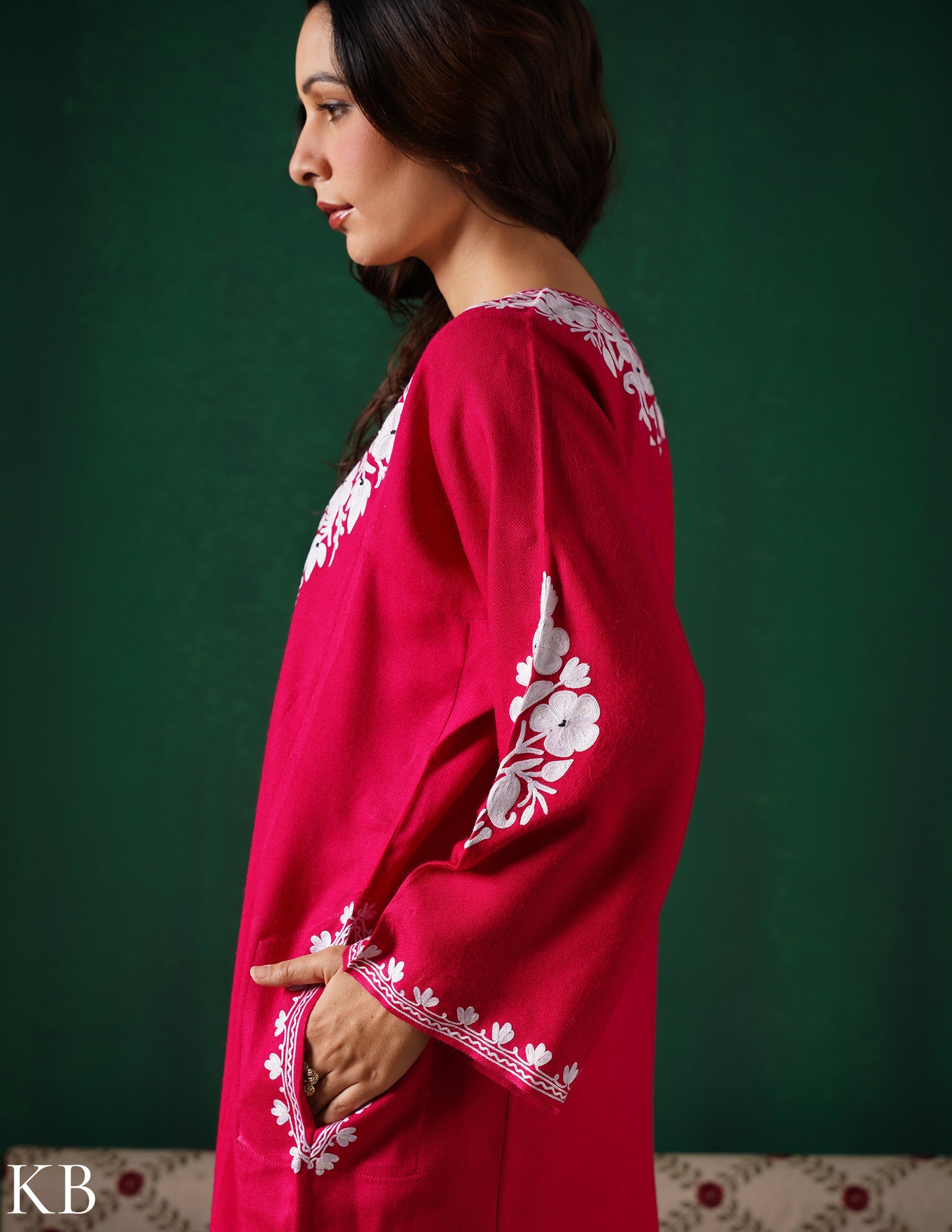 Kashmiri White Aari Embroidered Woollen Phiran – Pink | Timeless Winter Wear - Kashmir Box