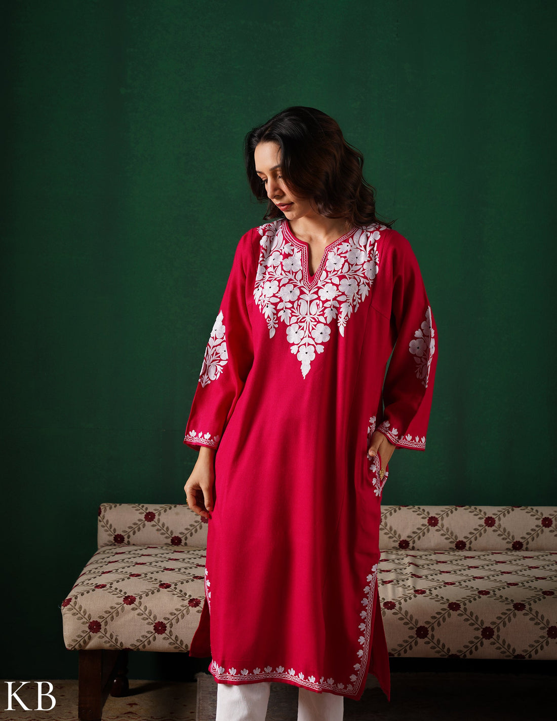 Kashmiri White Aari Embroidered Woollen Phiran – Pink | Timeless Winter Wear - Kashmir Box