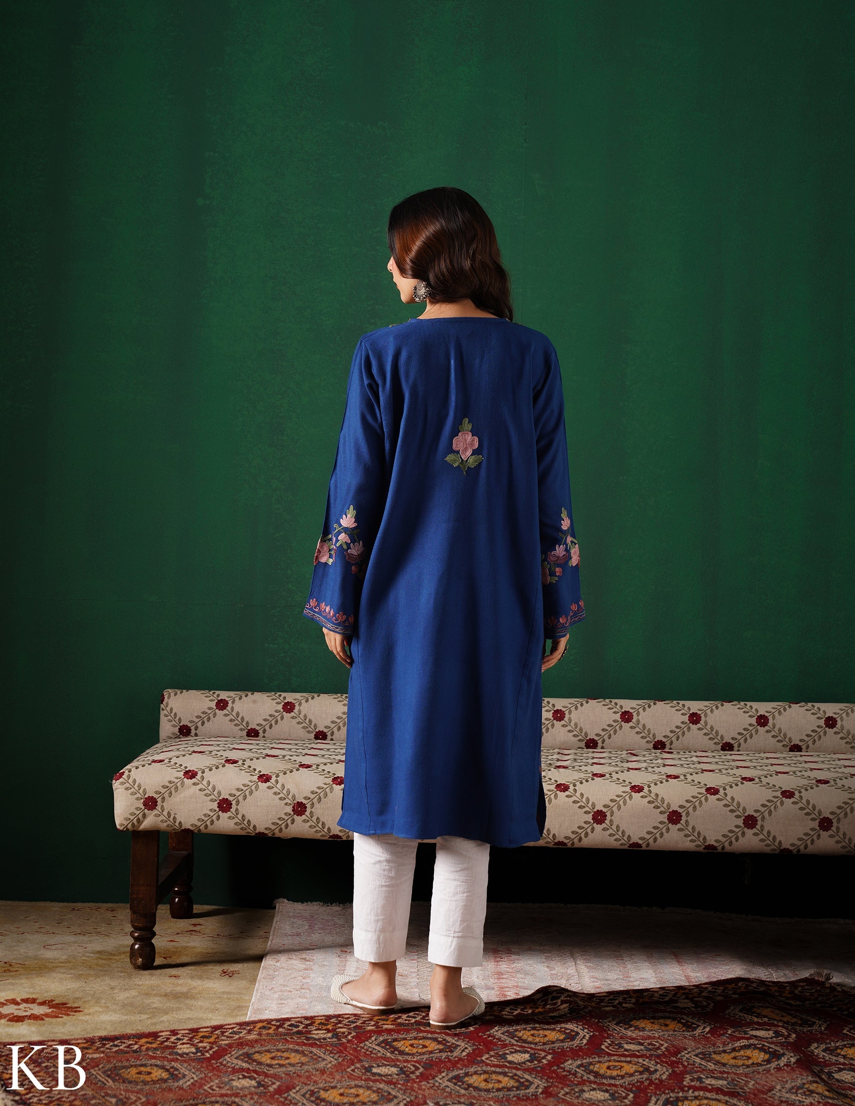 Kashmiri Purple & Green Aari Embroidered Woollen Phiran – Blue | Timeless Winter Wear - Kashmir Box