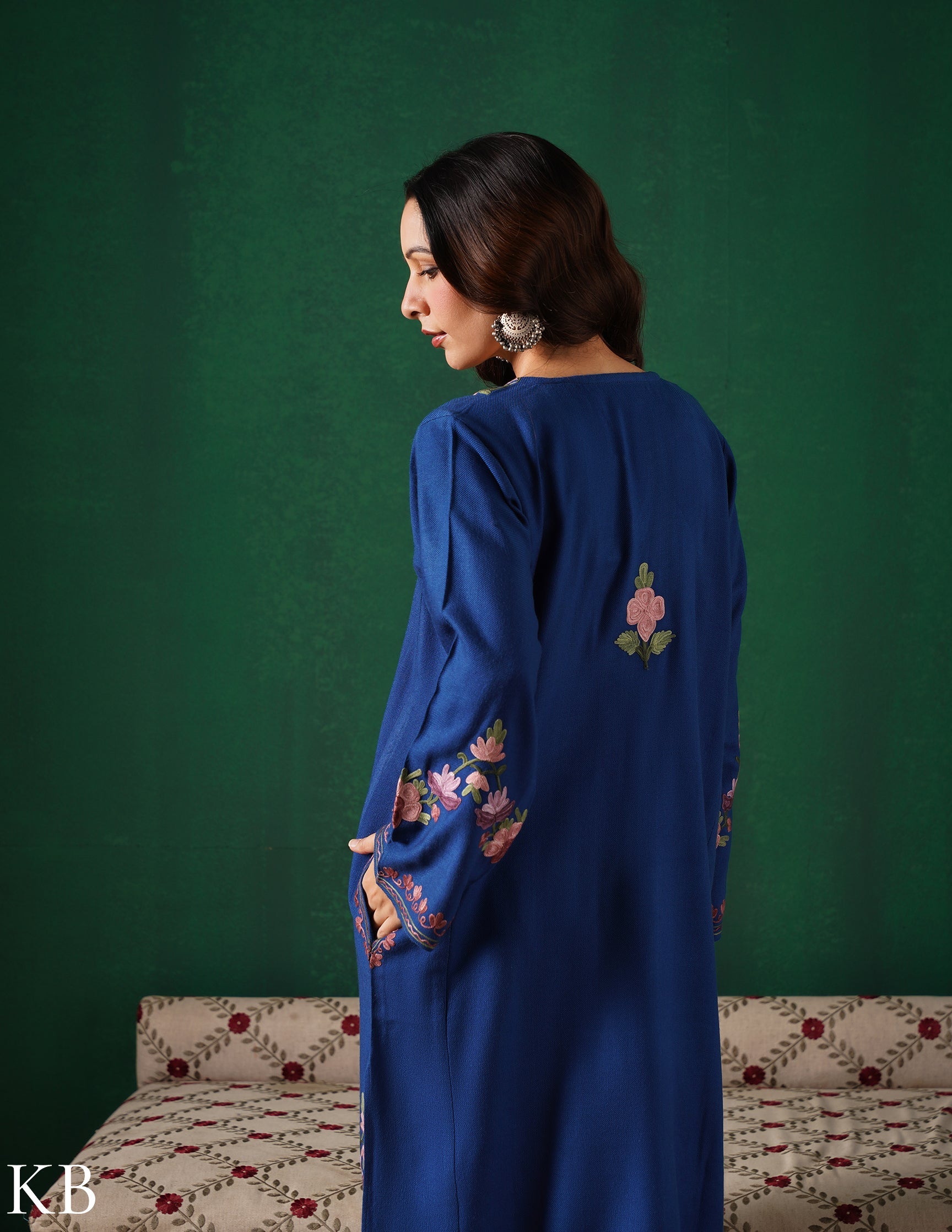Kashmiri Purple & Green Aari Embroidered Woollen Phiran – Blue | Timeless Winter Wear - Kashmir Box