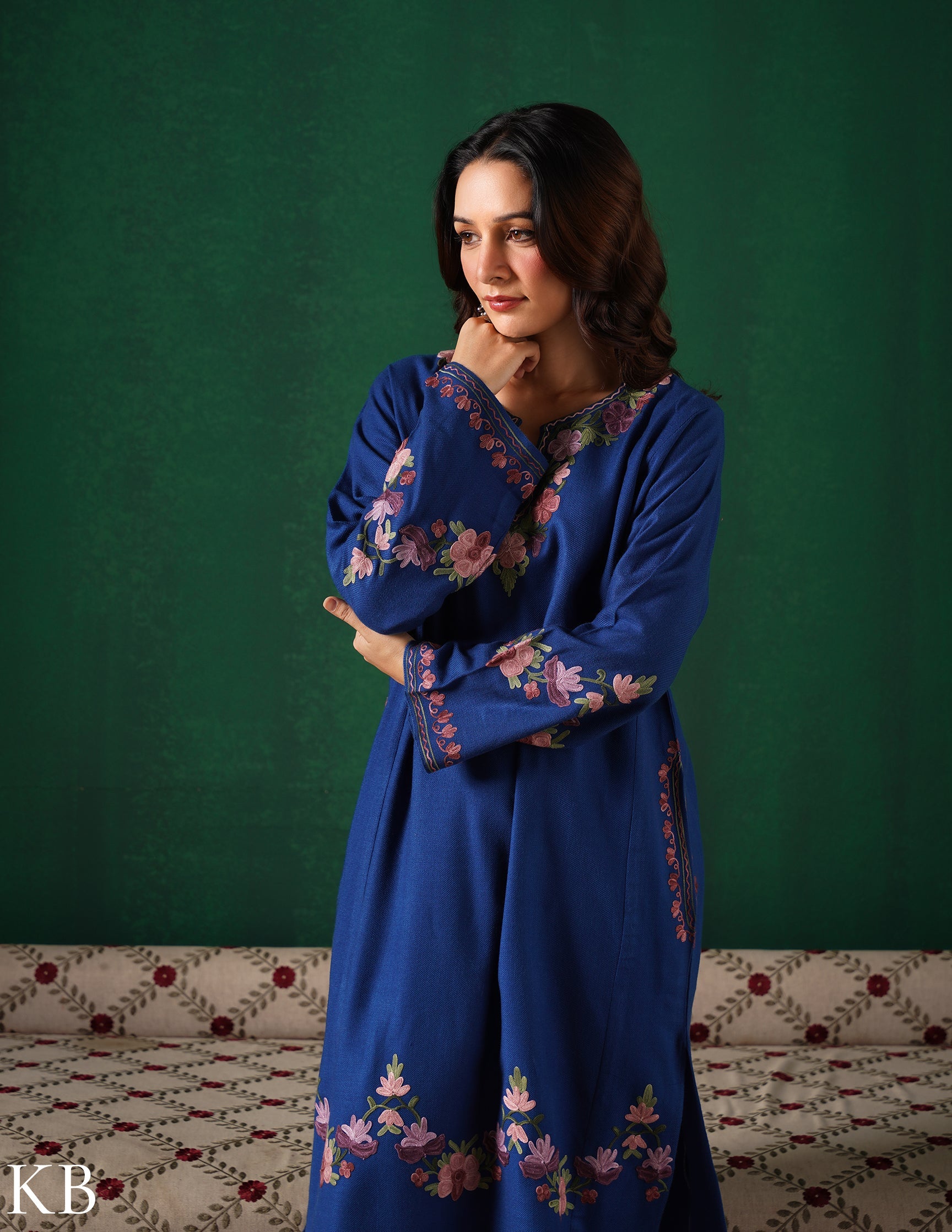 Kashmiri Purple & Green Aari Embroidered Woollen Phiran – Blue | Timeless Winter Wear - Kashmir Box