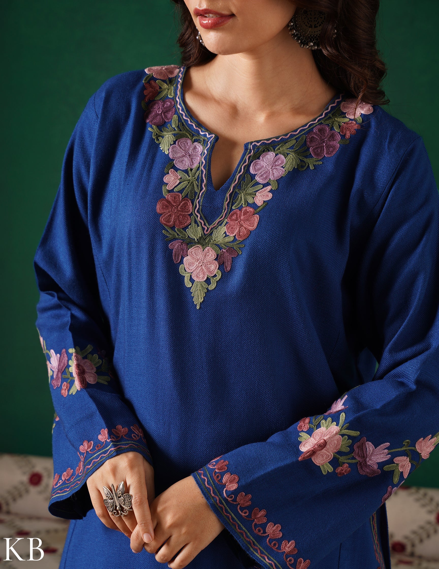 Kashmiri Purple & Green Aari Embroidered Woollen Phiran – Blue | Timeless Winter Wear - Kashmir Box