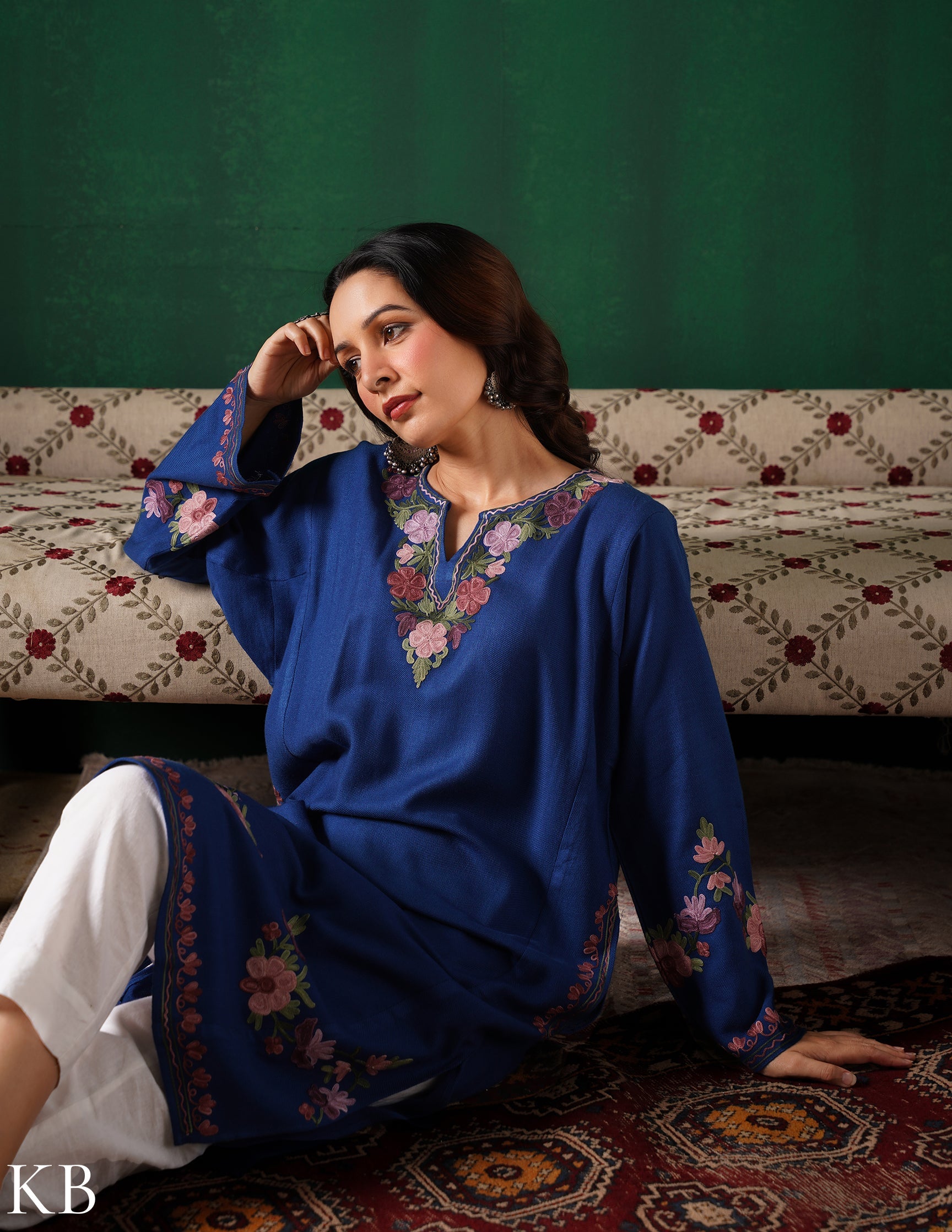 Kashmiri Purple & Green Aari Embroidered Woollen Phiran – Blue | Timeless Winter Wear - Kashmir Box