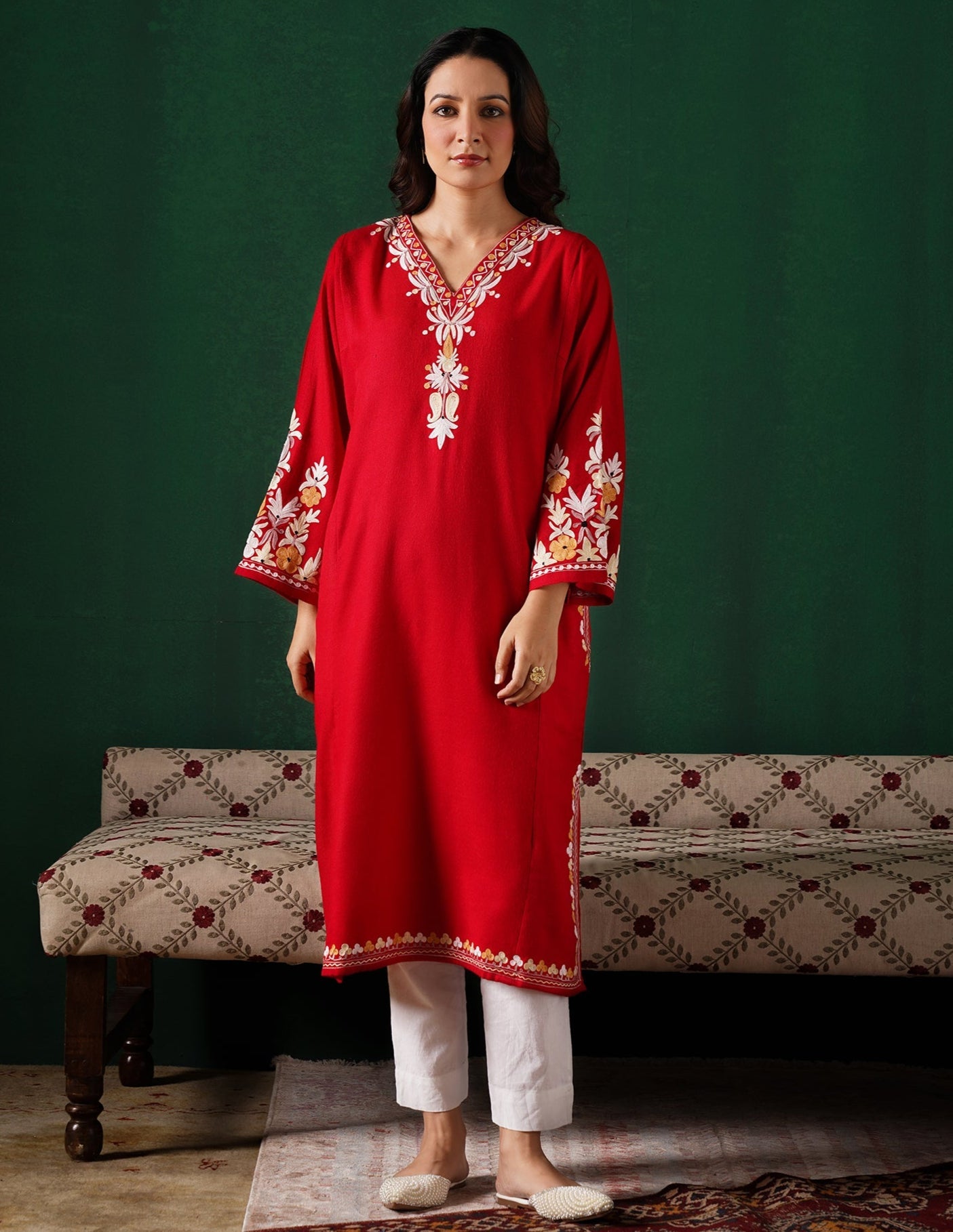 Kashmiri Light Yellow & White Aari Embroidered Woollen Phiran – Red | Timeless Winter Wear - Kashmir Box